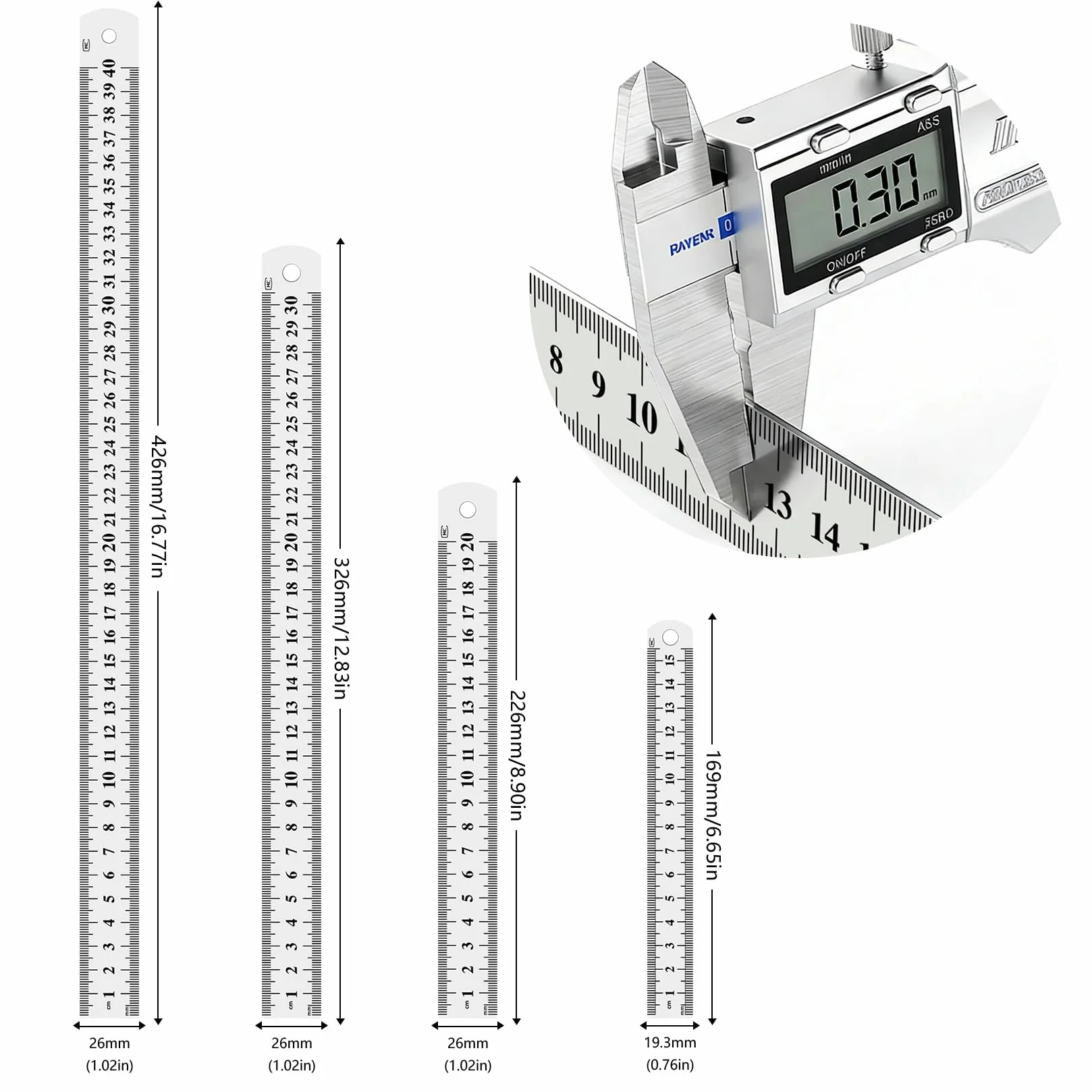 Righello in Acciaio Inossidabile 5 Pezzi 15/20/30/40 cm Metallo Scala Bifacciale