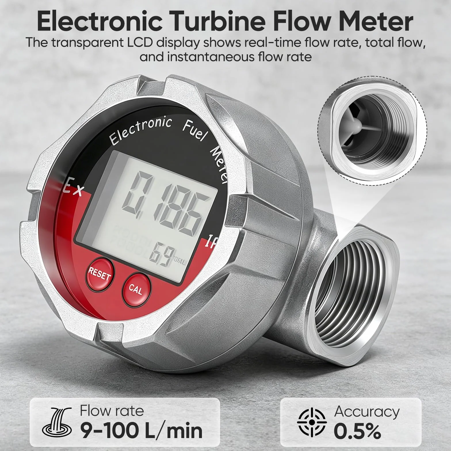Misuratore Portata Digitale LCD 1 Pollice Acciaio Inossidabile Contatore a Turbina Impermeabile IPX7 10-100 L/min