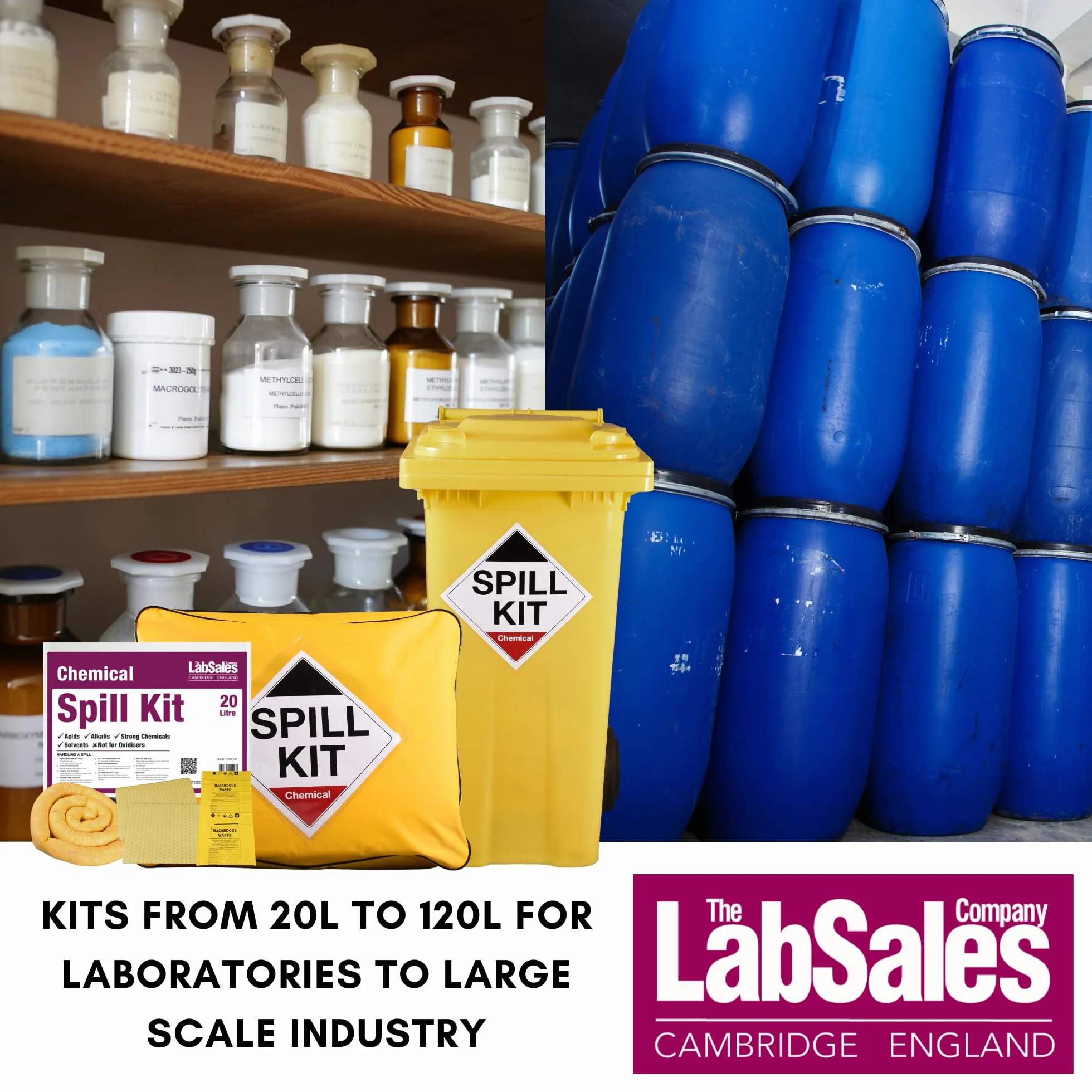Labsales - Kit per fuoriuscite di sostanze chimiche da 20 l, con cuscinetti super assorbenti, calzini e sacchetto per lo smaltimento, adatto per acidi, alcali, sostanze chimiche forti e solventi,
