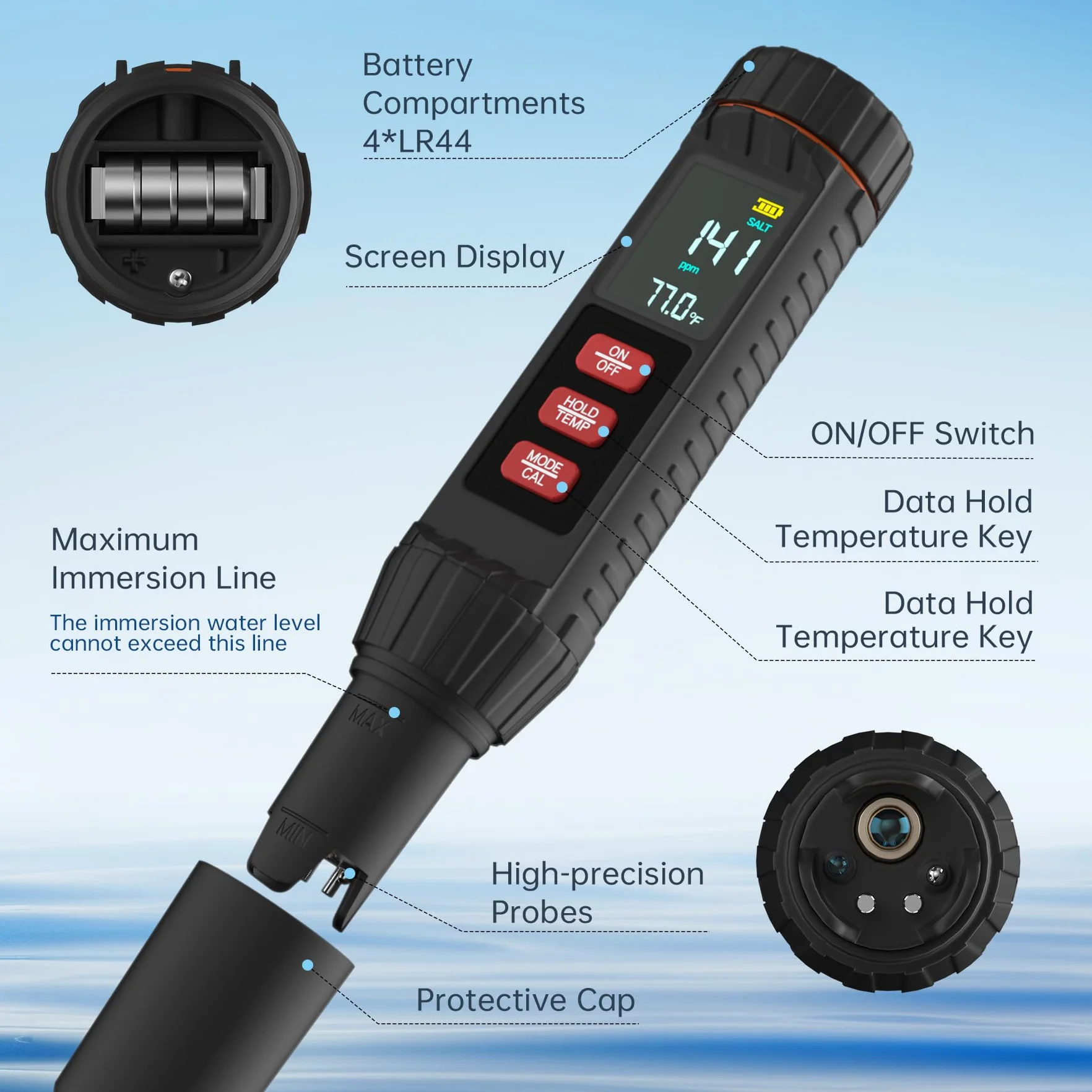 Forever Speed Misuratore pH Acqua 7 in 1, TDS Tester di Acqua pH/TDS/EC/ORP/SALT/S.G./TEMP con Display Retroilluminato, pH Metro Digitale per Acqua Potabile, Piscina, Acquacoltura marina, Acquario
