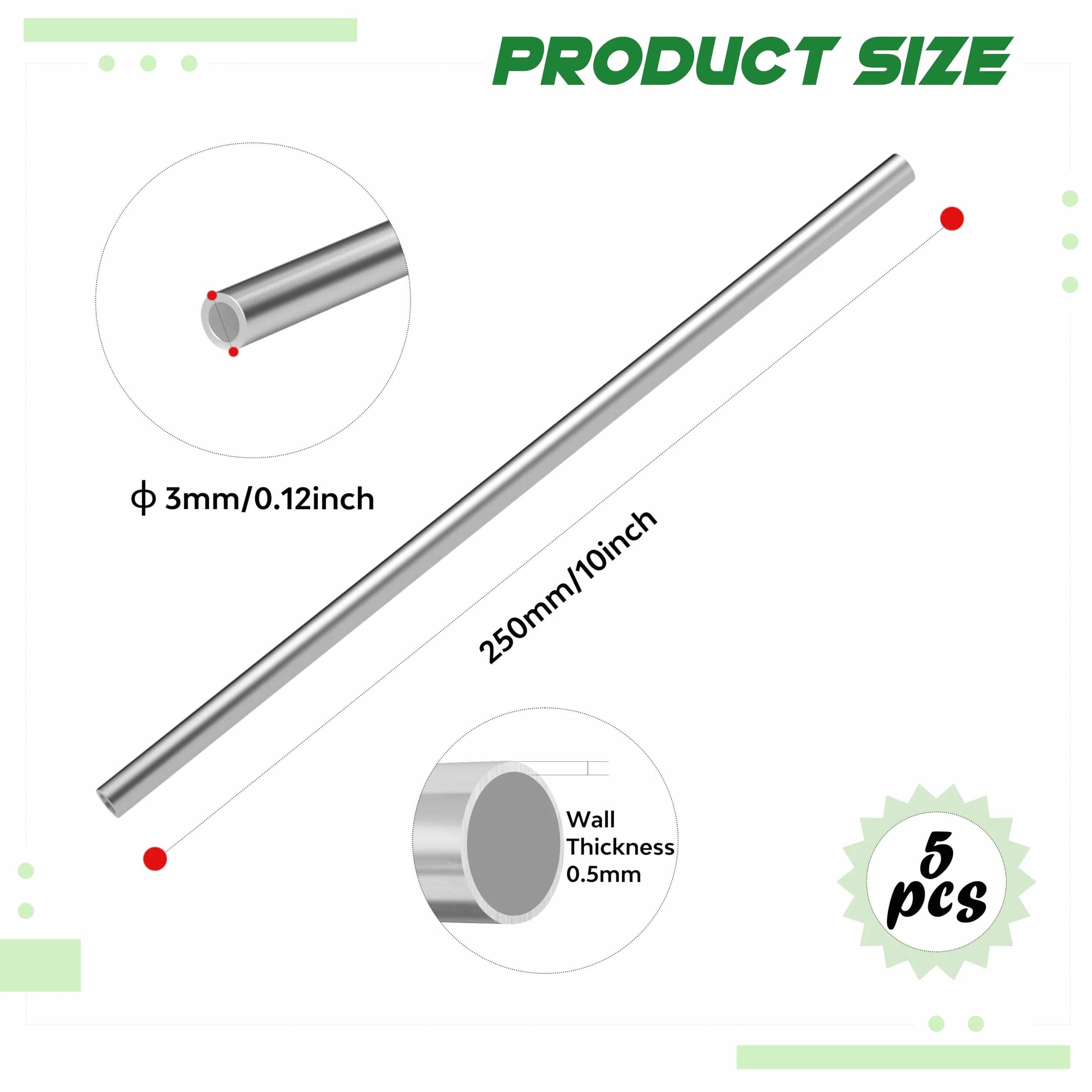 Tubi in acciaio inox 304 5 pezzi diametro esterno 3 mm x spessore parete 0,5 mm x lunghezza 250 mm senza saldature