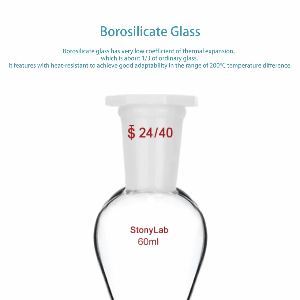 stonylab Imbuto Separatore con Rubinetto di Arresto PTFE, Imbuto Separatore Conico a Forma di Pera da 60 ml in Vetro Borosilicato a Parete Pesante con 24/40 Giunti