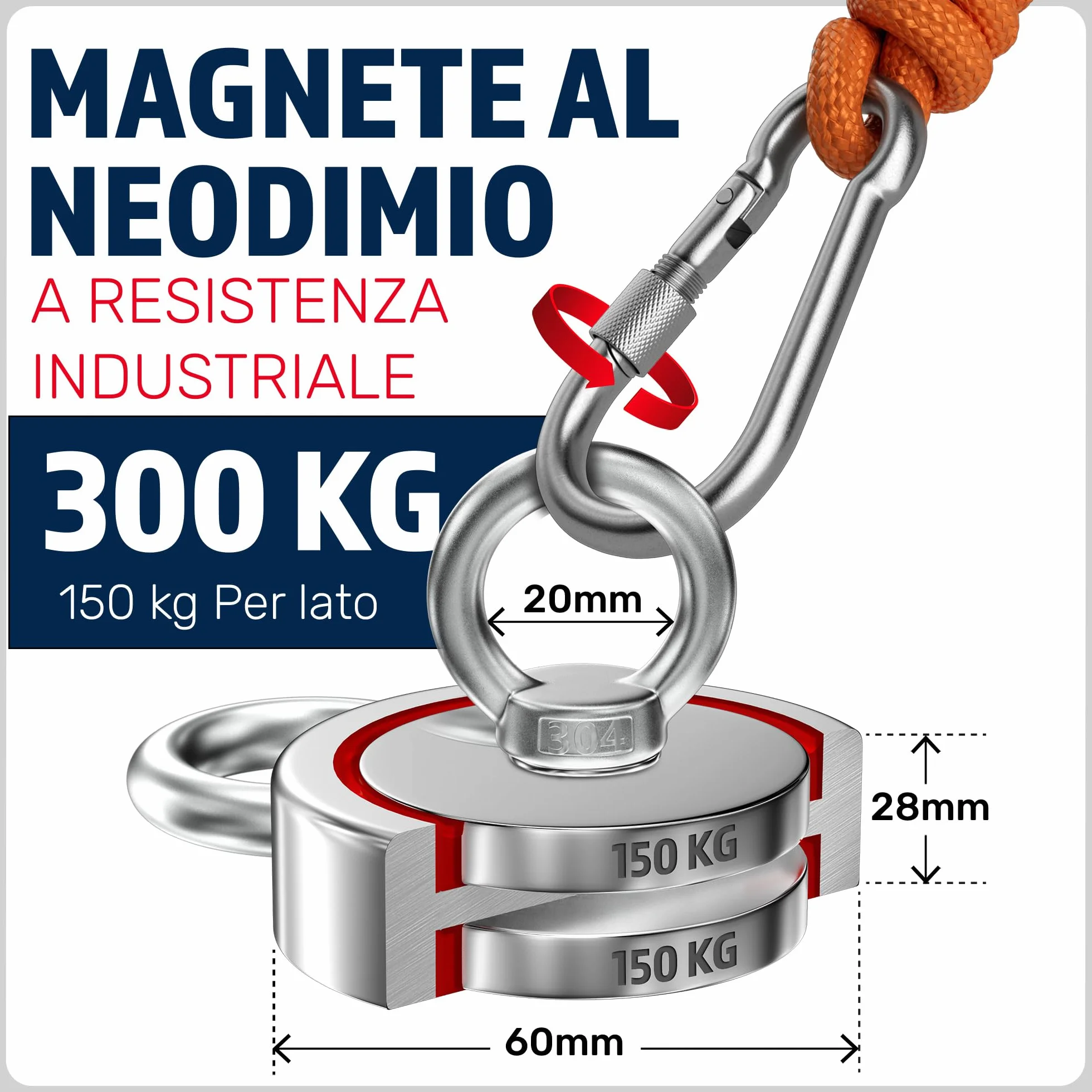 MAGFISHION Calamita Potente - Set di Magnete da Pesca - Forza di Trazione 300KG (2x 150kg) - Ø60mm - Magneti al Neodimio - Calamite Potenti con Corda (20M) & Guanti - Magnet Fishing