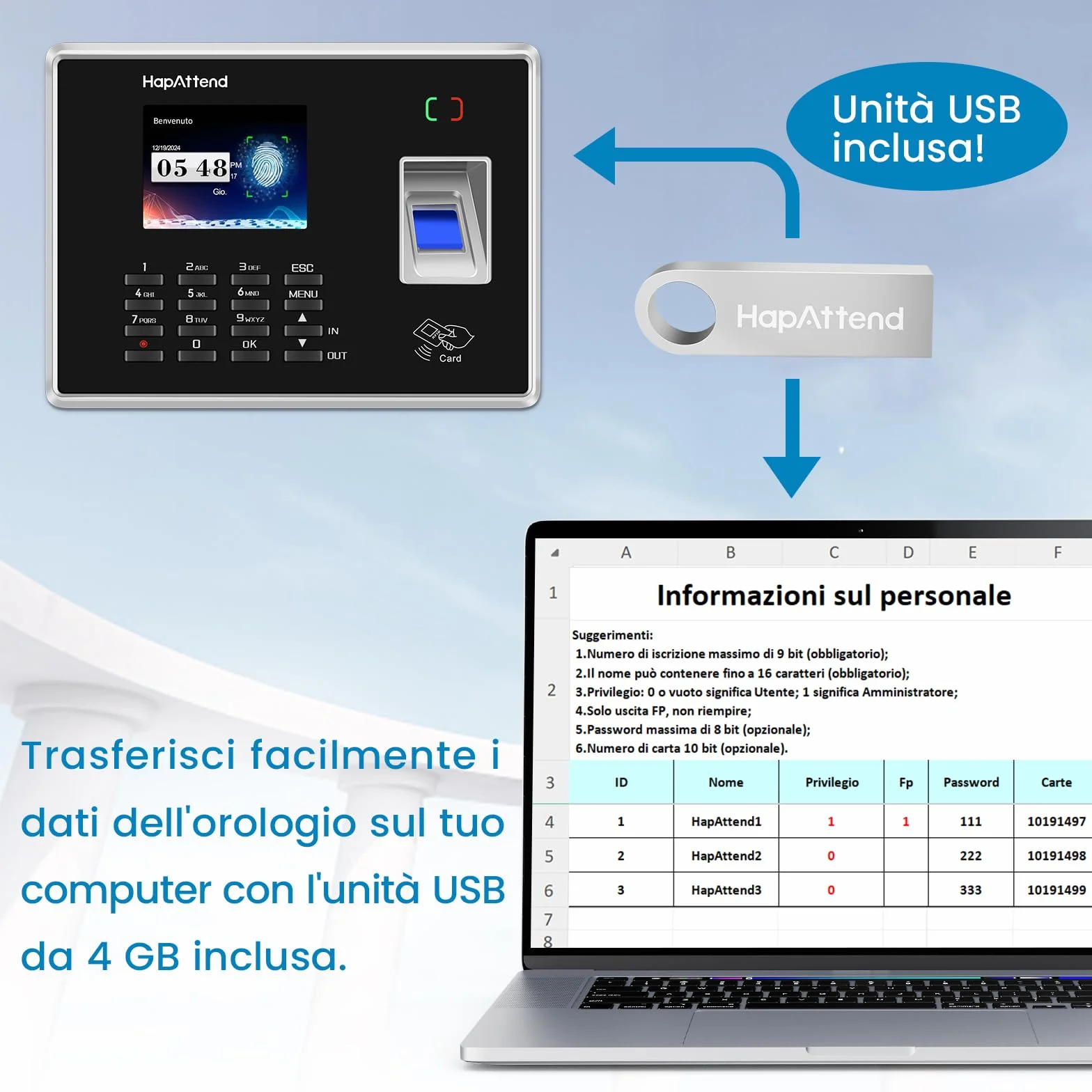 Rilevatore presenze, HapAttend Italiano timbracartellini dipendenti con impronte digitali e 5 badge RFID, H2 timbratrice presenze dipendenti Checking-in registratore orologio tempo per piccole imprese