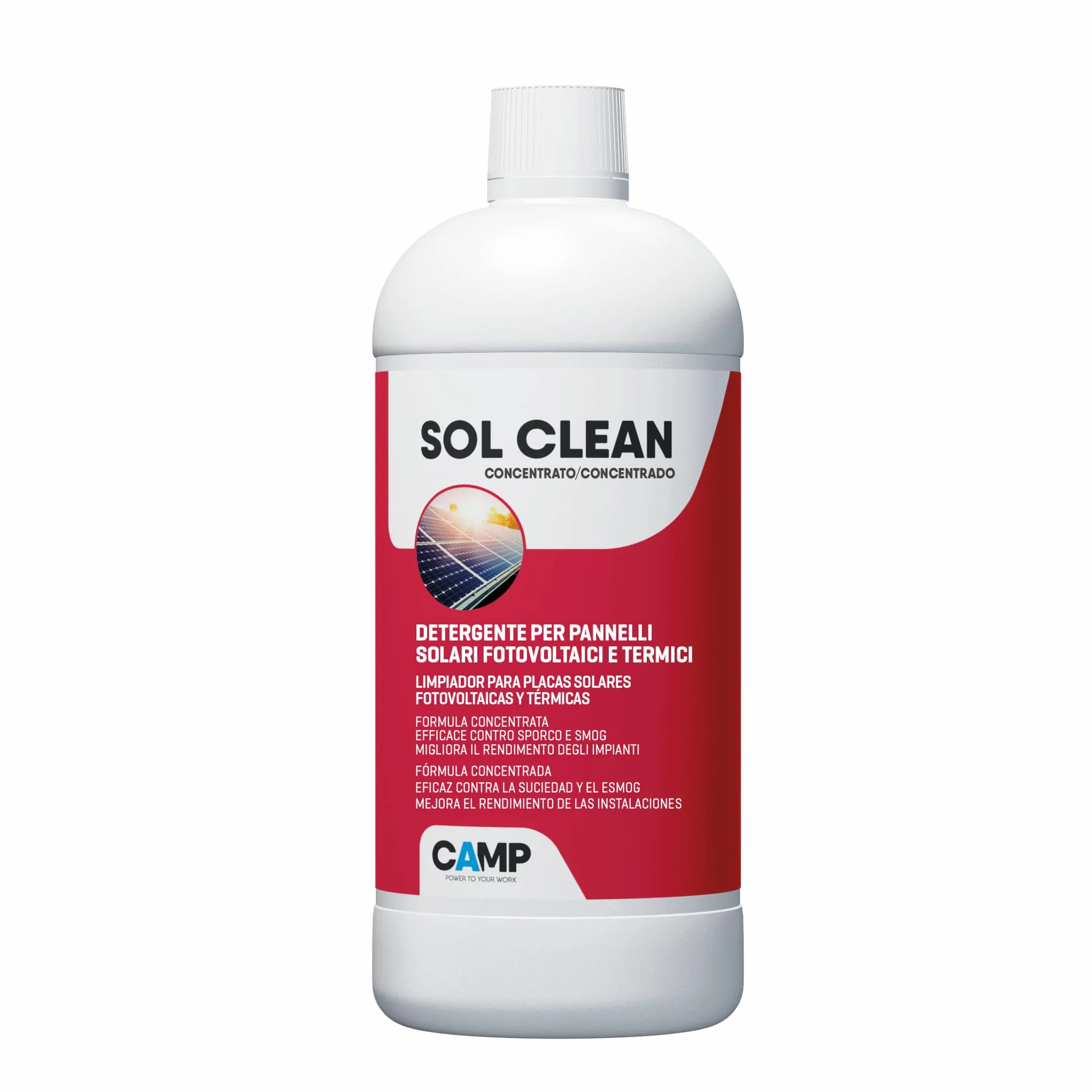 CAMP Sol Clean Concentrato - Detergente per Pannelli Solari, Pulizia Pannelli Fotovoltaici ad Asciugatura Rapida - Rimuove Sporco, Polveri, Smog e Calcare e Migliora il Rendimento Energetico, 1 l