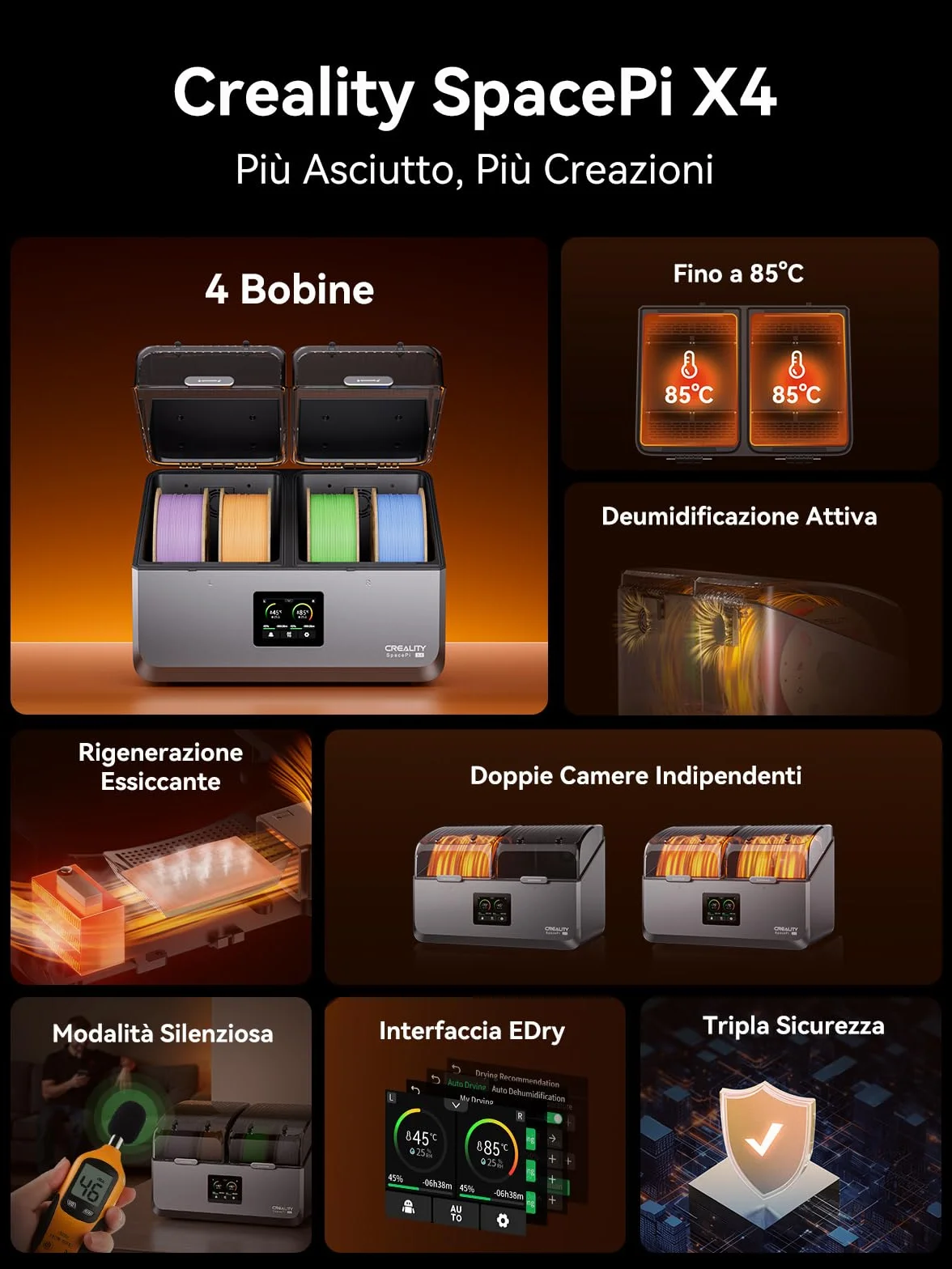 Creality Space Pi X4 Filament Dryer, 4 Bobine & Doppia Camera Riscaldante, 200W PTC (85°C), 360° Riscaldamento, Essiccazione Rapida, Stoccaggio Anti-Umidità per PLA PETG TPU ABS 1,75/2,85 mm
