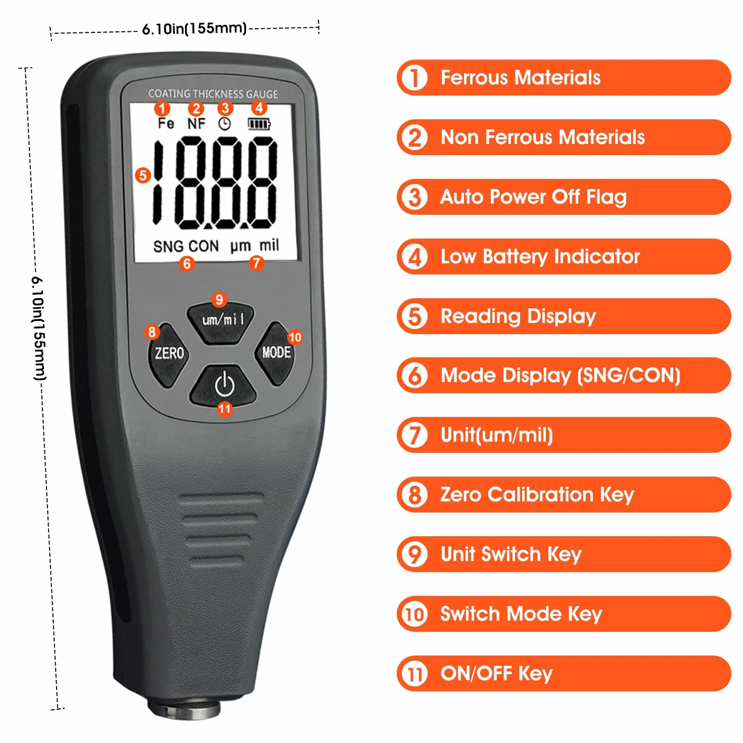 Spessimetro Vernice Digitale per Auto, Sensore Automatico Fe-NF, 0-1500 um