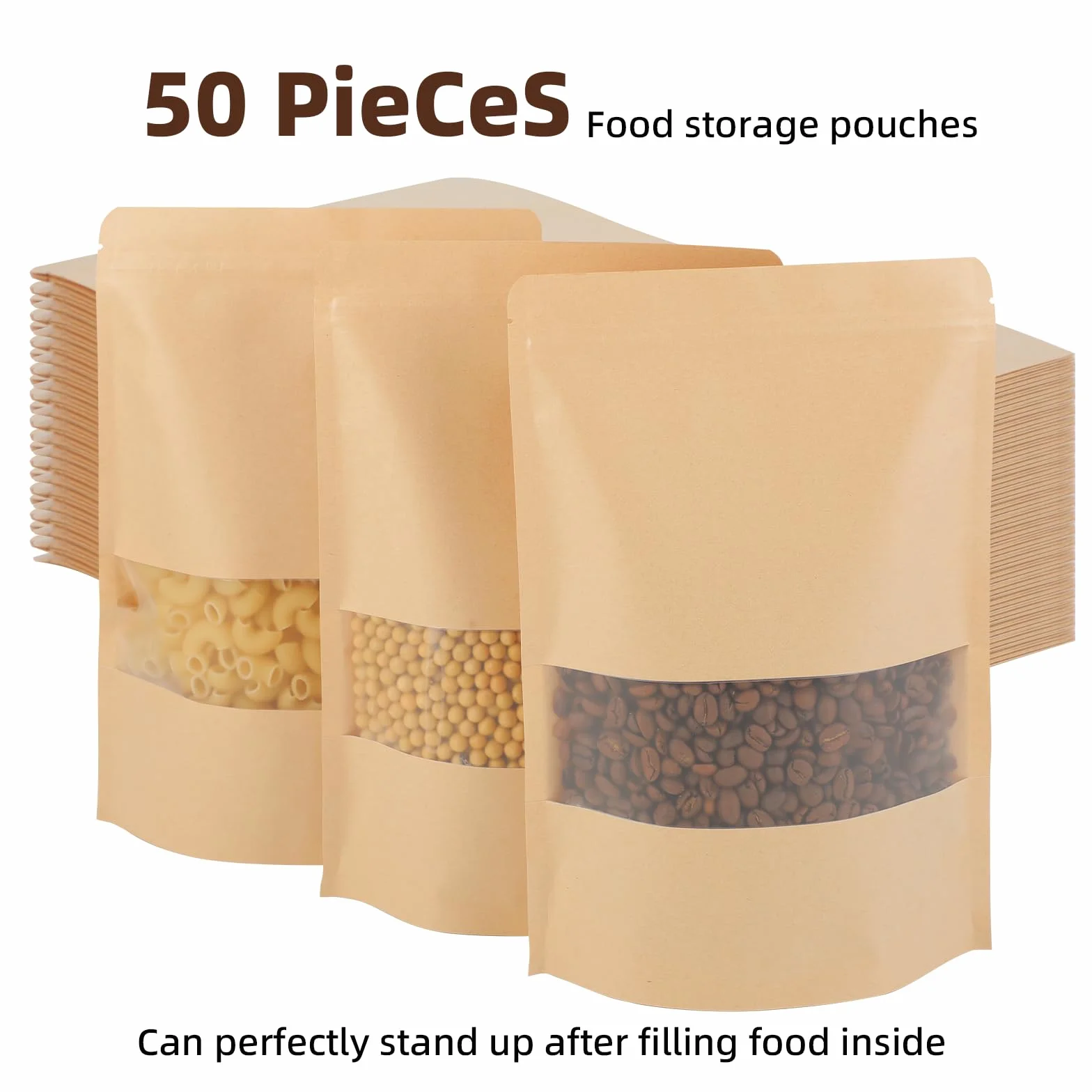 50 sacchetti di carta kraft con finestra - Sacchetti di carta kraft richiudibili 18 x 26 cm - Carta kraft - Per frutta secca, dolci, foglie di tè - Ideale per piccole imprese, case (marrone)