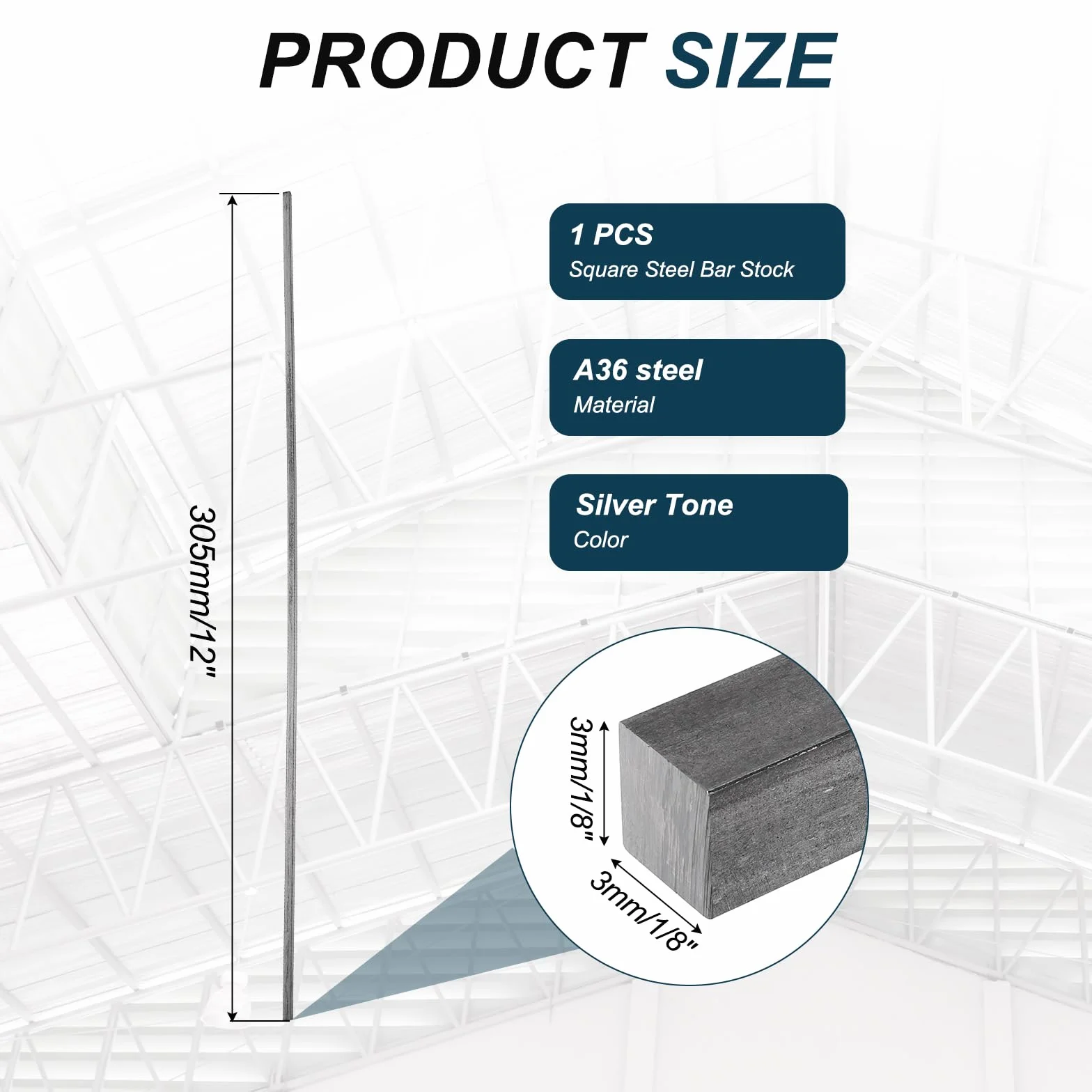 sourcing map Barra quadrata in acciaio A36 3mm x 3mm x 305mm chiave di precisione per chiavistelli