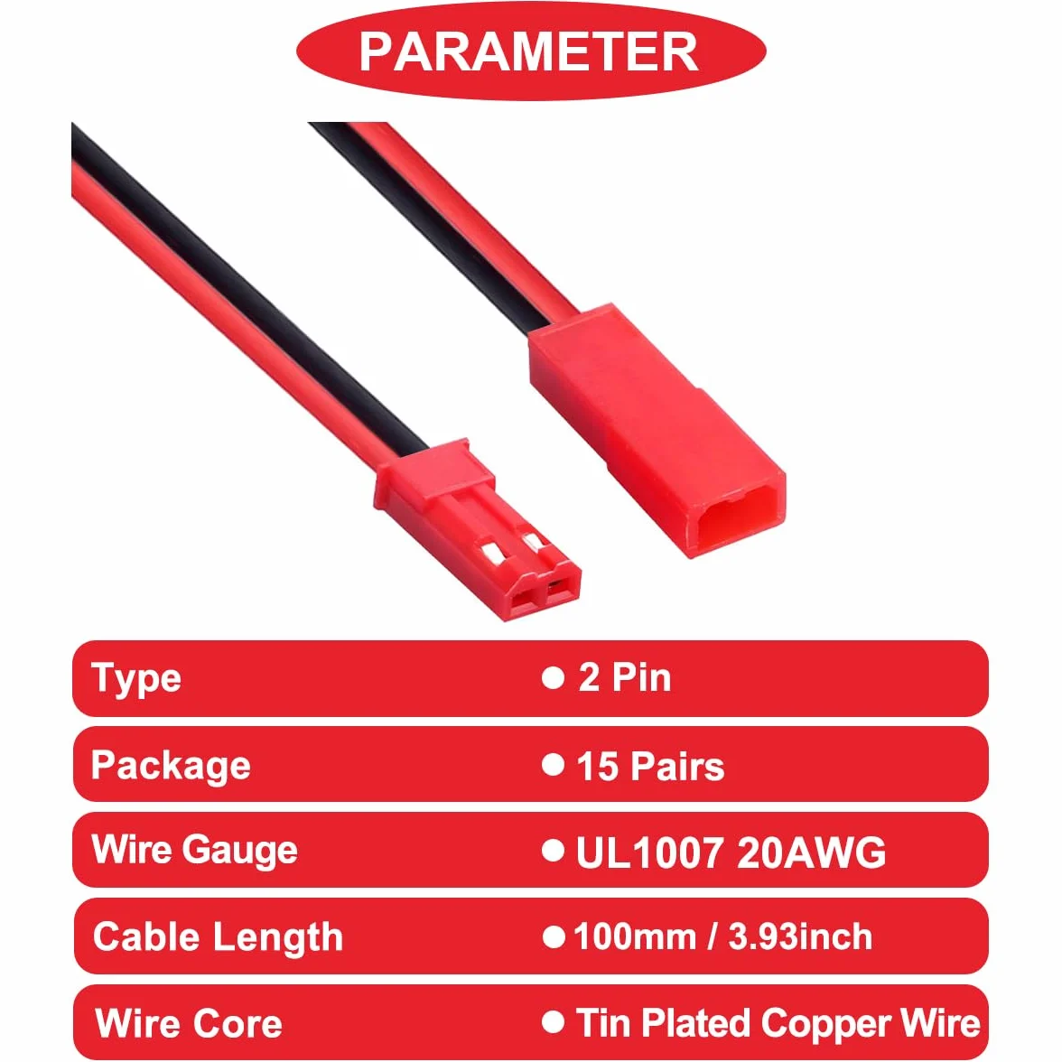 JST SYP - Cavo connettore maschio e femmina da 2,5 mm, 2 pin, 15 paia, con UL1007 20AWG 100 mm, rosso e nero, cavo e tubo termorestringente per striscia di lampade a LED, giocattoli