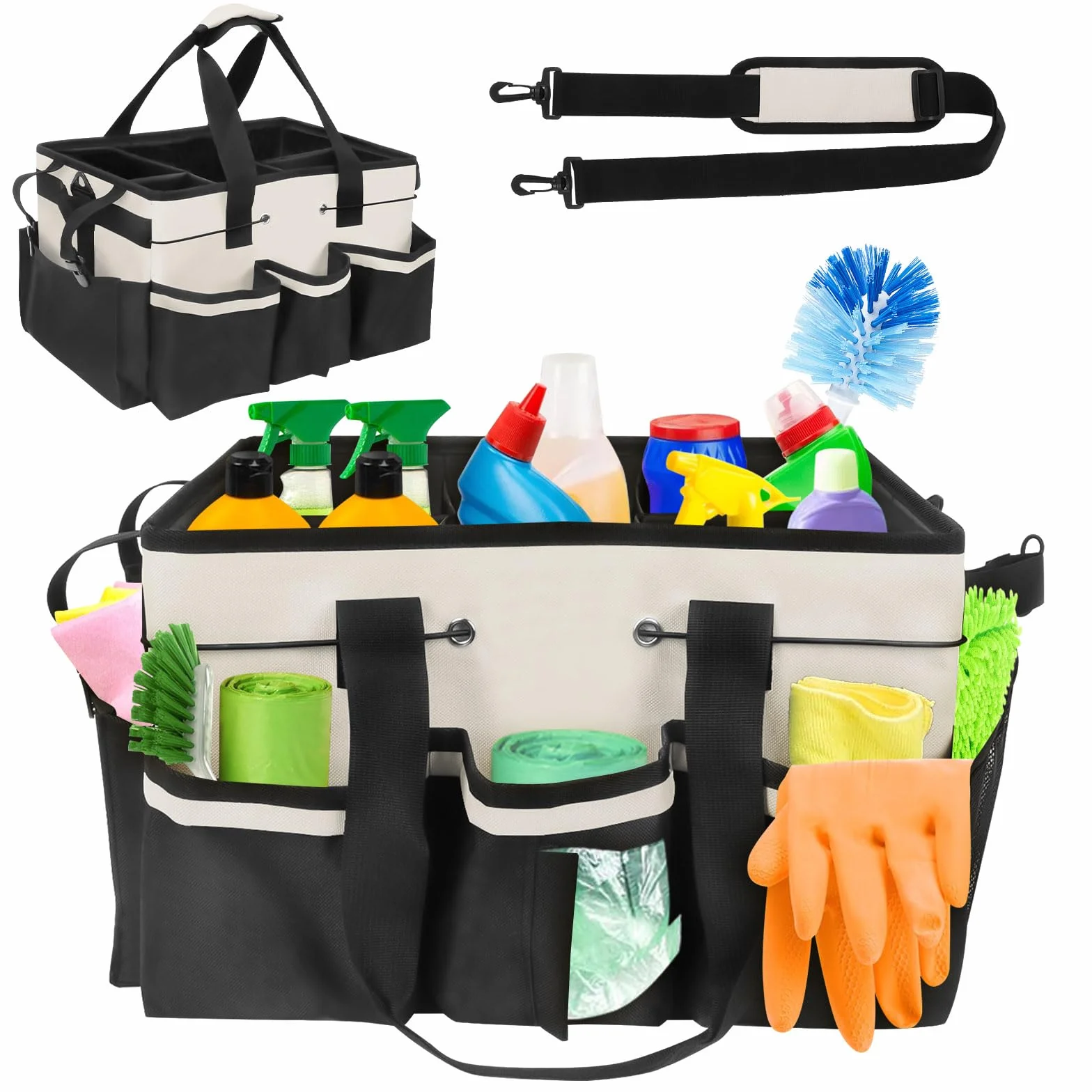 Qivine Indossabile Borsa per Pulizia, Grande Portatile Organizer Pulizia Caddy con Manico e divisorio Staccabile, Multifunzionale Borsa Portaoggetti Con 5 Scomparti per Casa Auto Giardino (Bianco)