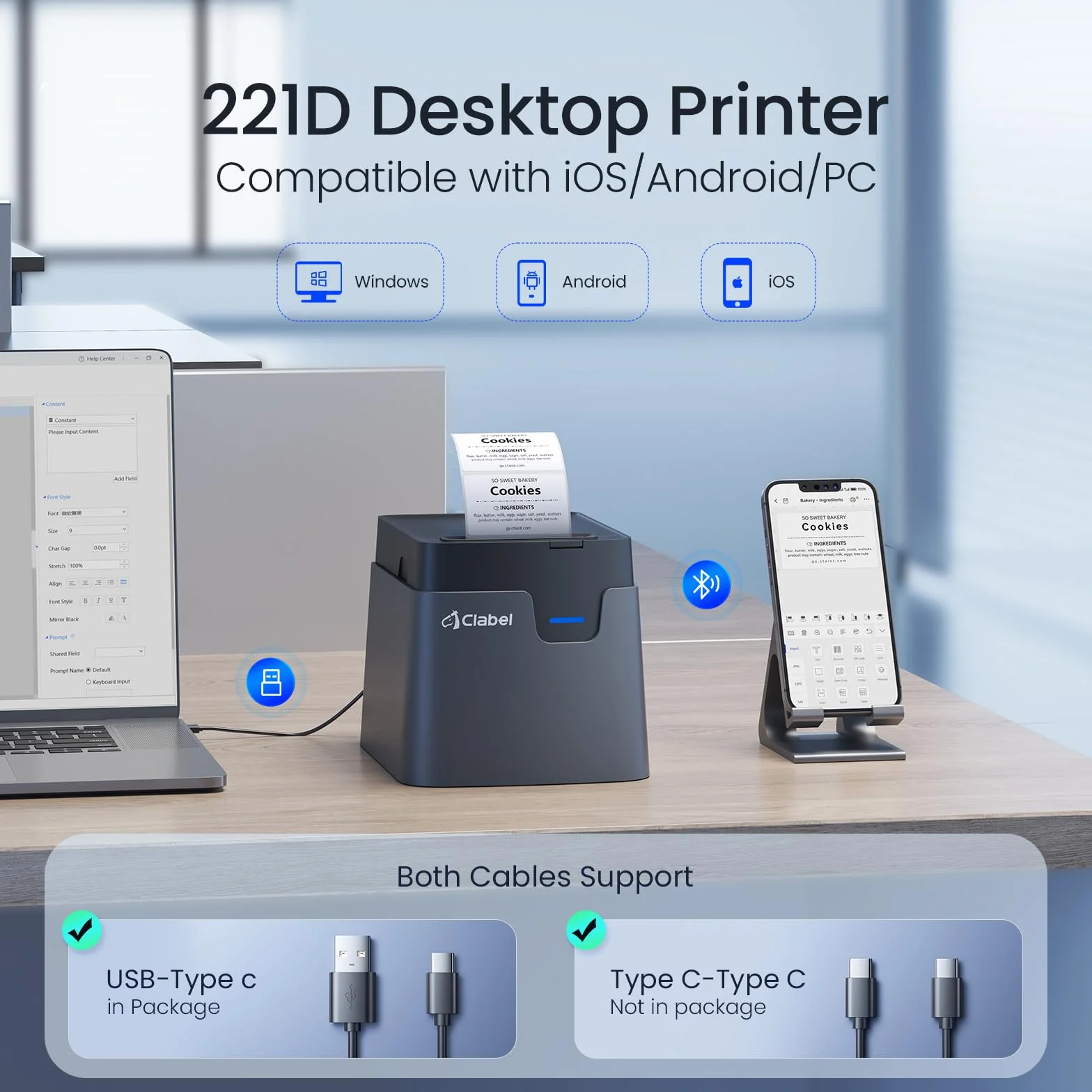 CLABEL 221D Stampante Etichette Termica Bluetooth per Desktop, Etichettatrice Adesiva Compatibile con PC e Smartphone, per Codici a Barre, Prezzi, Ufficio, con 1 Rotolo Etichette 50x30 mm