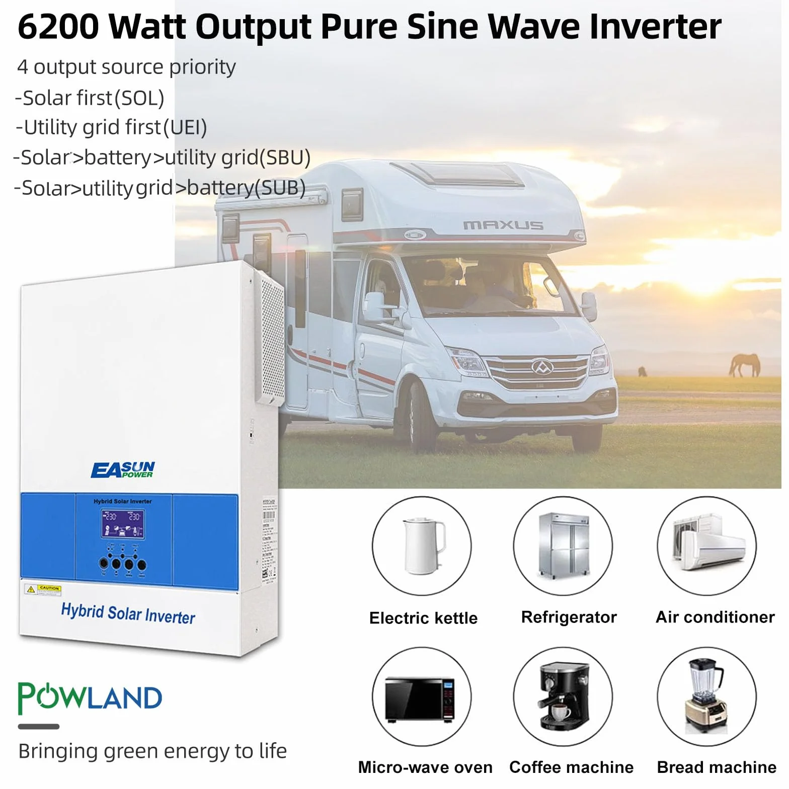 POWLAND 6,2KW Inverter solare ibrido, funziona senza batteria, indipendente da rete Inverter onda sinusoidale pura, Uscita 230V, PV 60-500Vdc, per batterie da 48V, funzione parallela, con Modulo WiFi