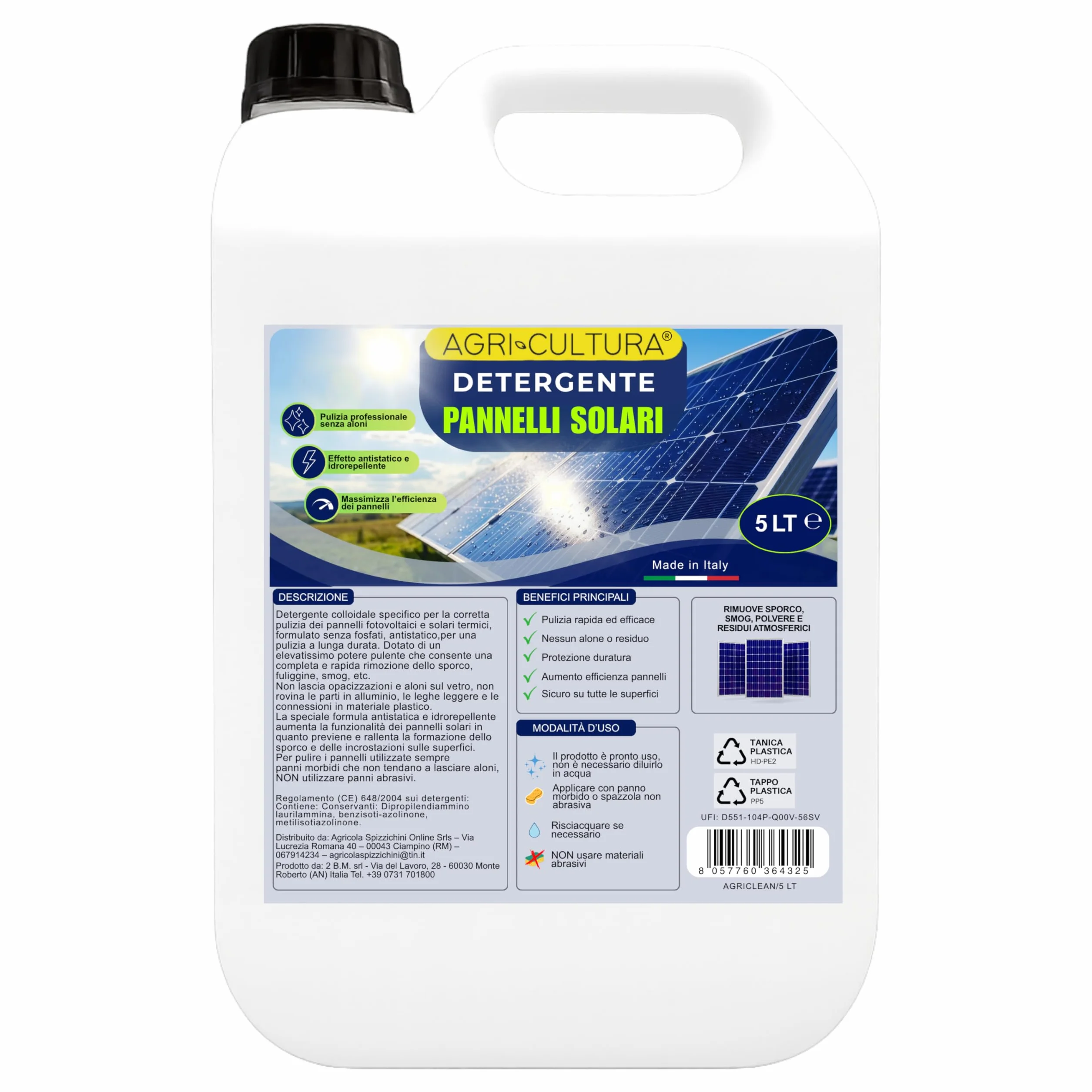 Detergente Pannelli Fotovoltaici 5L Antistatico Senza Aloni