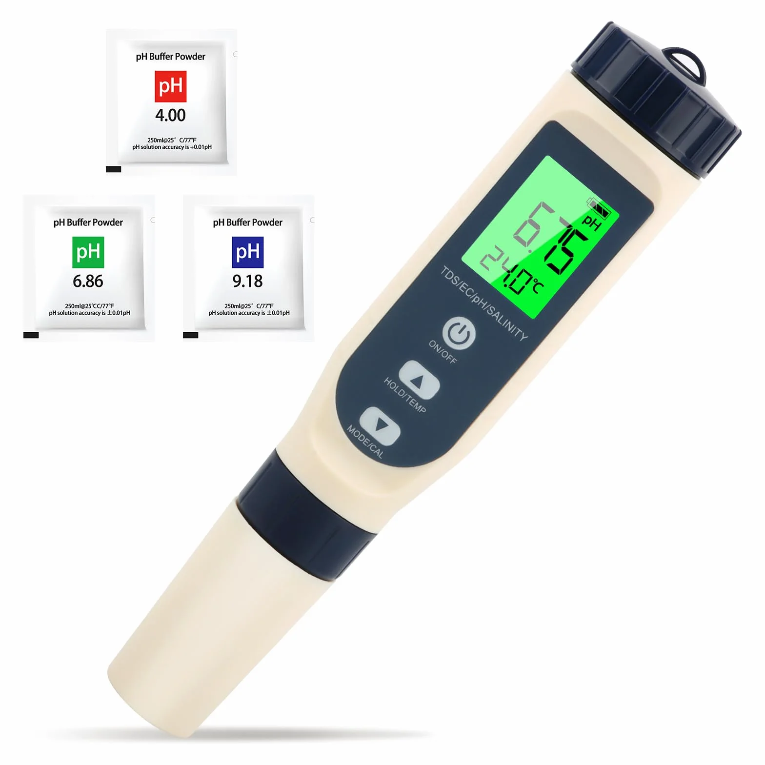 Misuratore PH 5 in 1 ad alta precisione – PH/EC/TDS/salinità/termometro con compensazione automatica della temperatura, display LCD – ideale per acqua potabile, piscina, acquario, idroponica