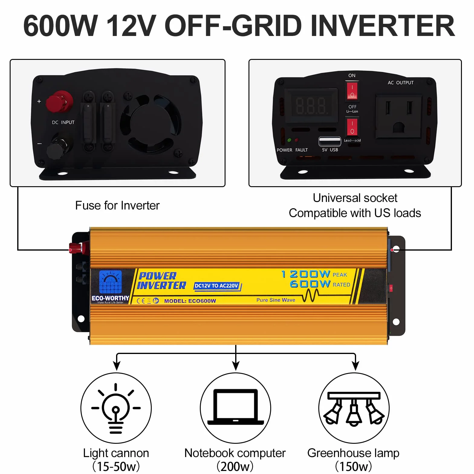 ECO-WORTHY Invertitore a energia solare da 600 W, 12 V, DC 12 V, AC 220 V, onda sinusoidale per auto, camper, caravan, campeggio e sistemi solare