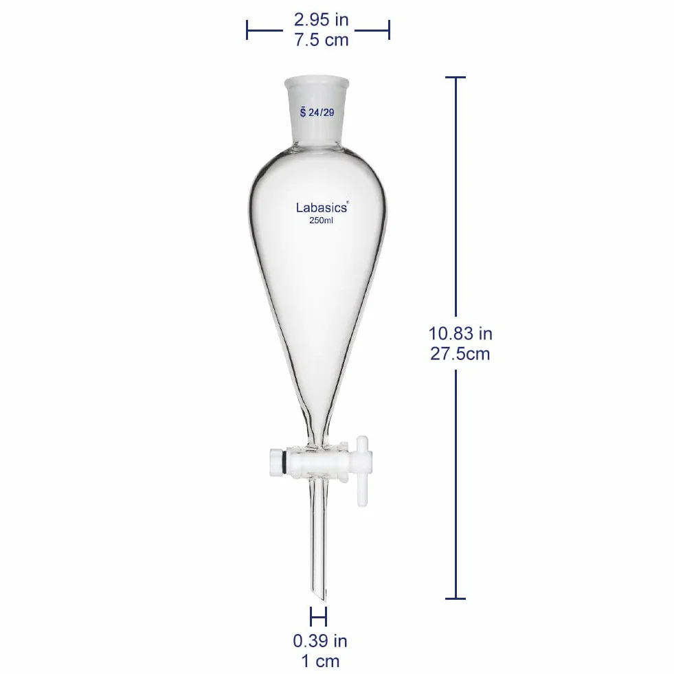 Labasics Imbuto Separatore Conico a Parete Pesante in Vetro Borosilicato con 24/29 Giunti e Rubinetto di Arresto in PTFE, 250 ml
