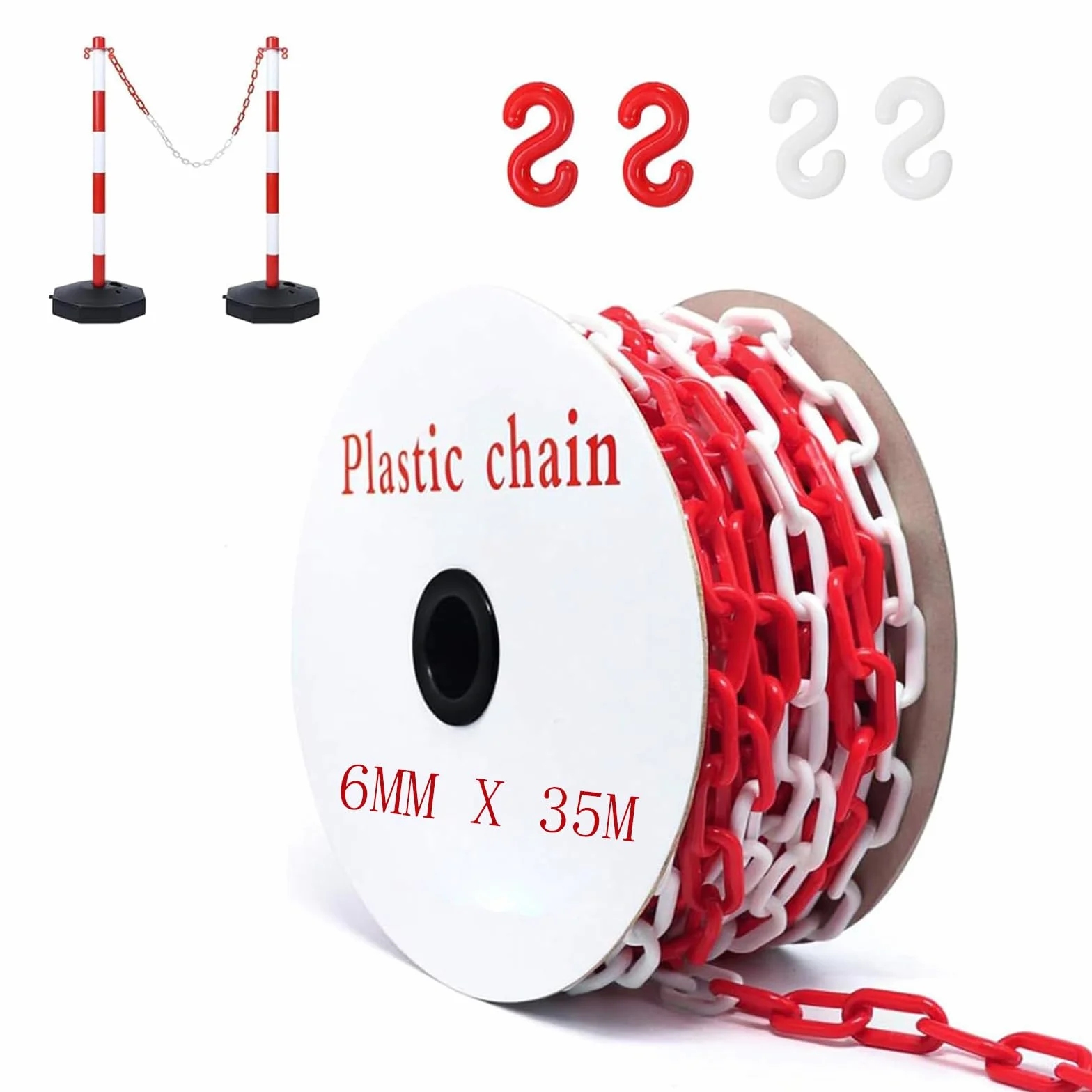 Catena di sicurezza in plastica, 35 m, 35 m, in plastica, 6 mm, con 6 ganci a S, catena di sicurezza in plastica, per cantieri, parcheggio e manutenzione degli ordini