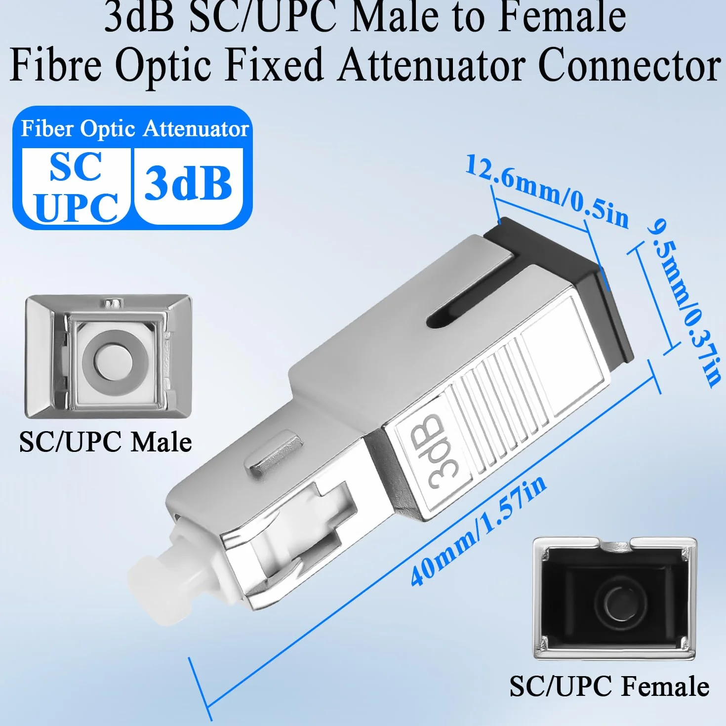 QIANRENON 3dB SC/UPC Attenuatore fisso in fibra ottica Adattatore SC maschio a femmina Singlemode Connettore ottico fisso Attenuatore valore attenuatore 3dB±0,3, per rete in fibra ottica CATV FTTH PON