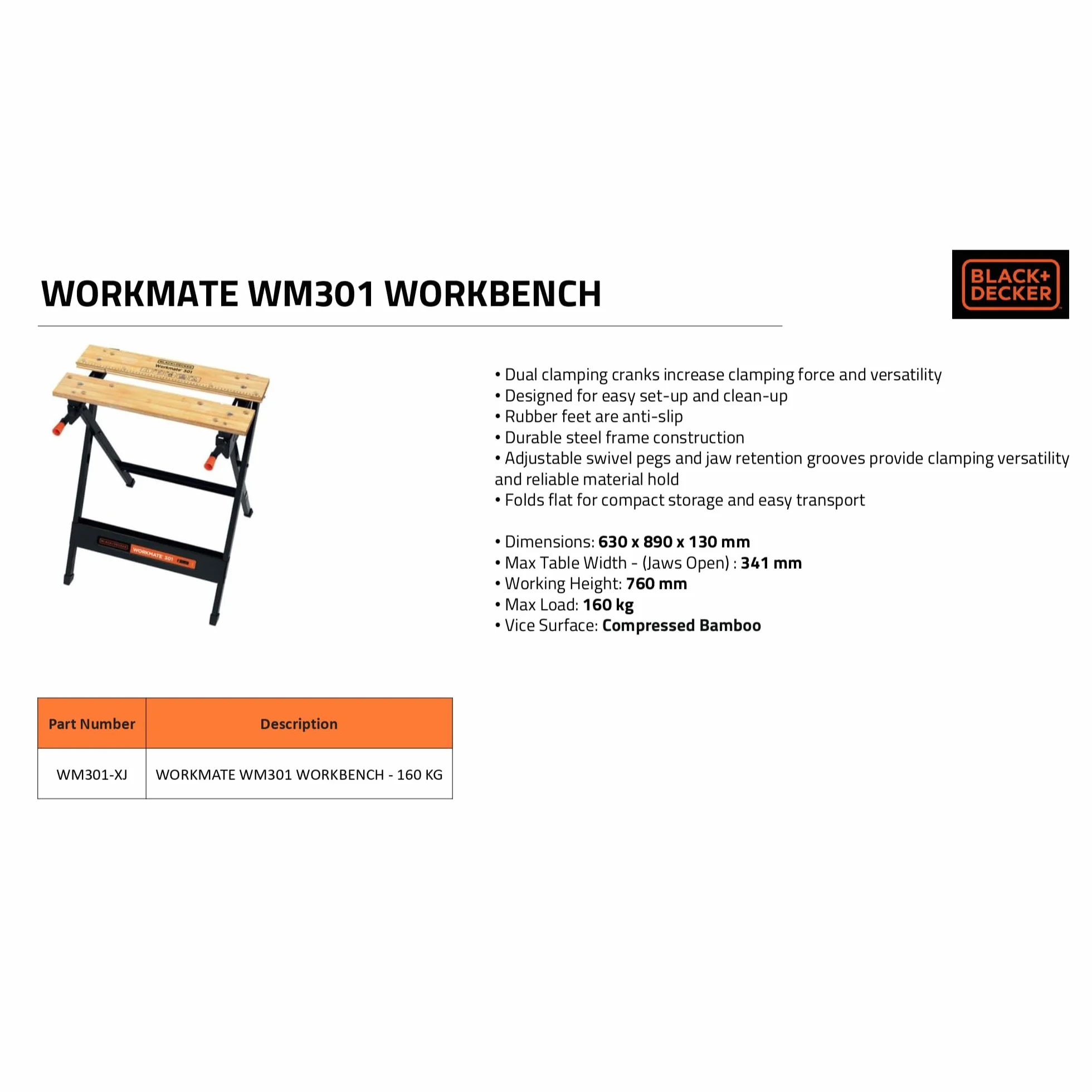 BLACK+DECKER, Banco da Lavoro Workmate, Black/Wood, 15.5 x 84 x 12.5 cm. WM301-XJ