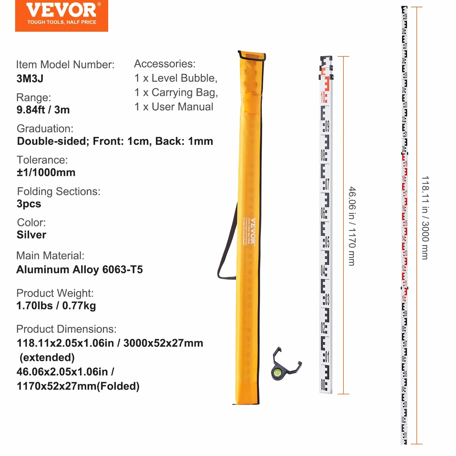 VEVOR Asta di Misurazione Telescopica 3 m Alluminio Scala Bifacciale CM/MM Livella a Bolla Borsa da Trasporto