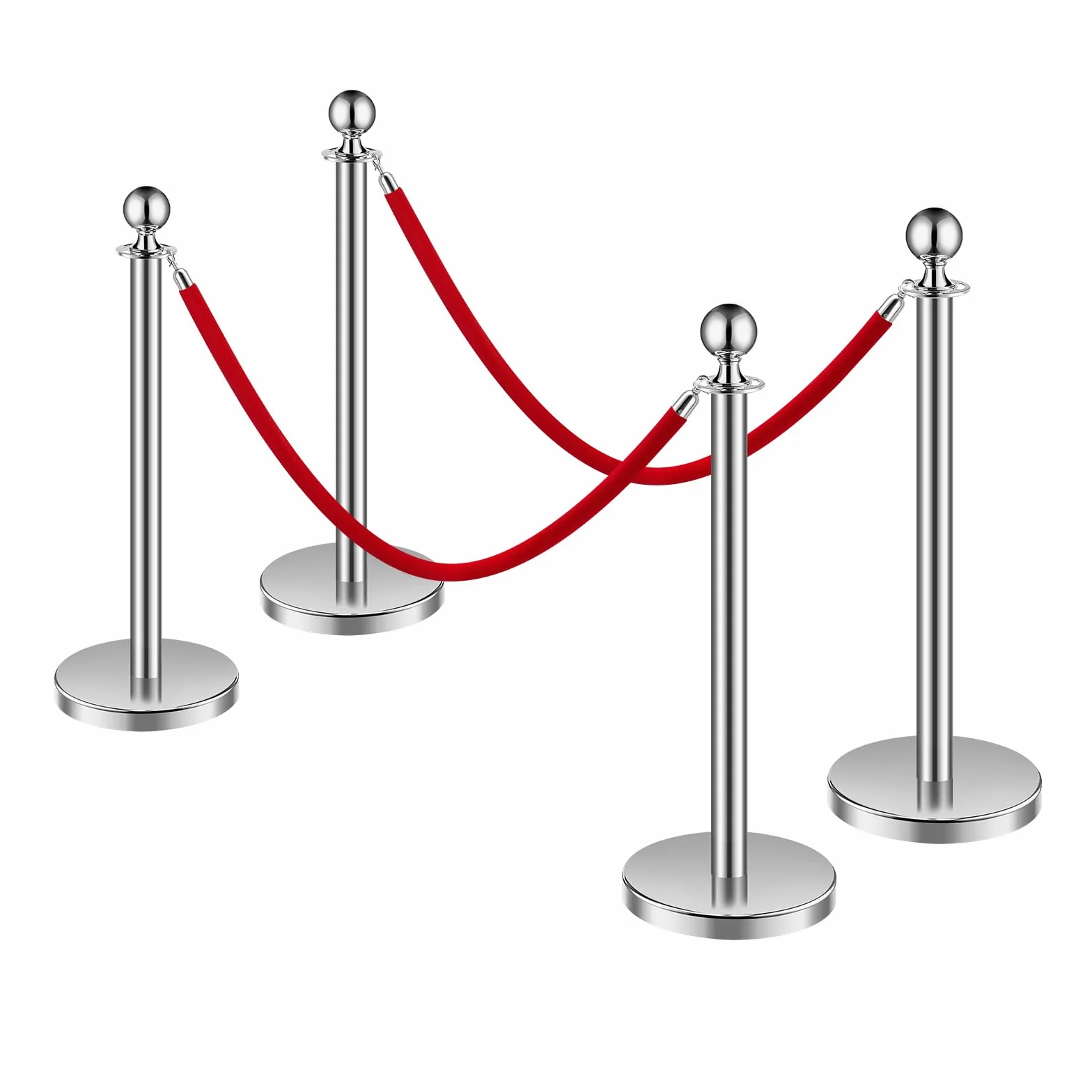 VEVOR Paletto di Sostegno Set di 4 Barriere Controllo Folla Corde Velluto Rosso Acciaio Inox 1,5 m Base Cava