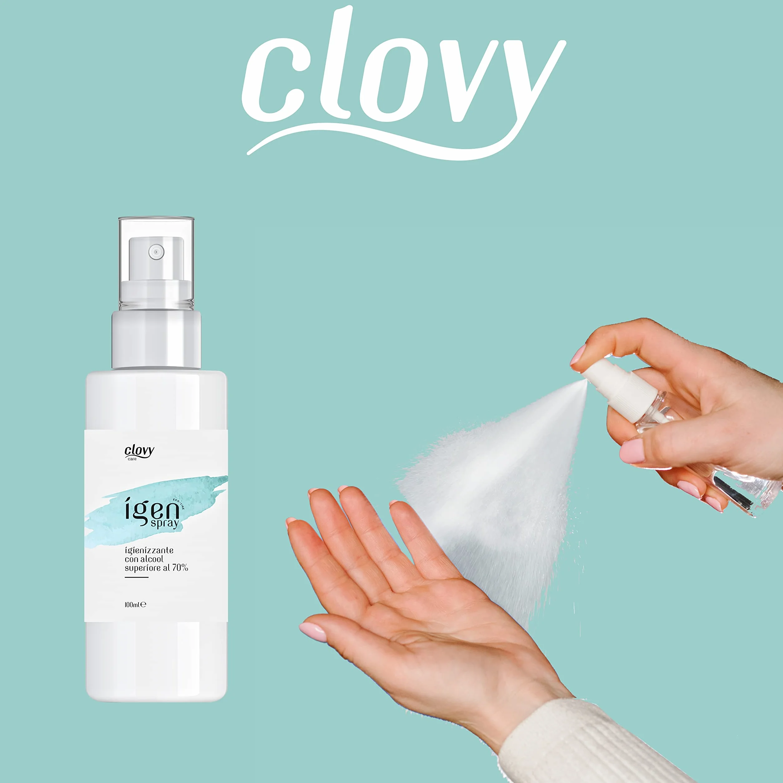 Clovy Care. Igienizzante spray tascabile 2in1 da 100 ml con alcool contenuto >70% per mani e superfici. Senza risciacquo. Rapida asciugatura. (100 ML, 6)