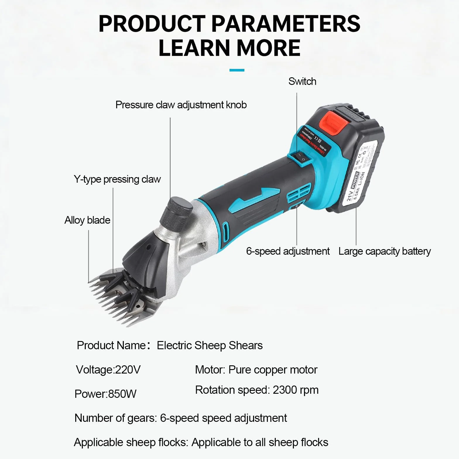Tosatrice Senza Fili Per Pecore, Tosatrice Elettrica Per Lana 850w Con 2×6000mah Batterie, 2300 Rpm, Forbici Elettriche Per Lana A 6 Velocità, Lame In Acciaio 9/13 Denti, Strumento Di Tosa 13 teeth