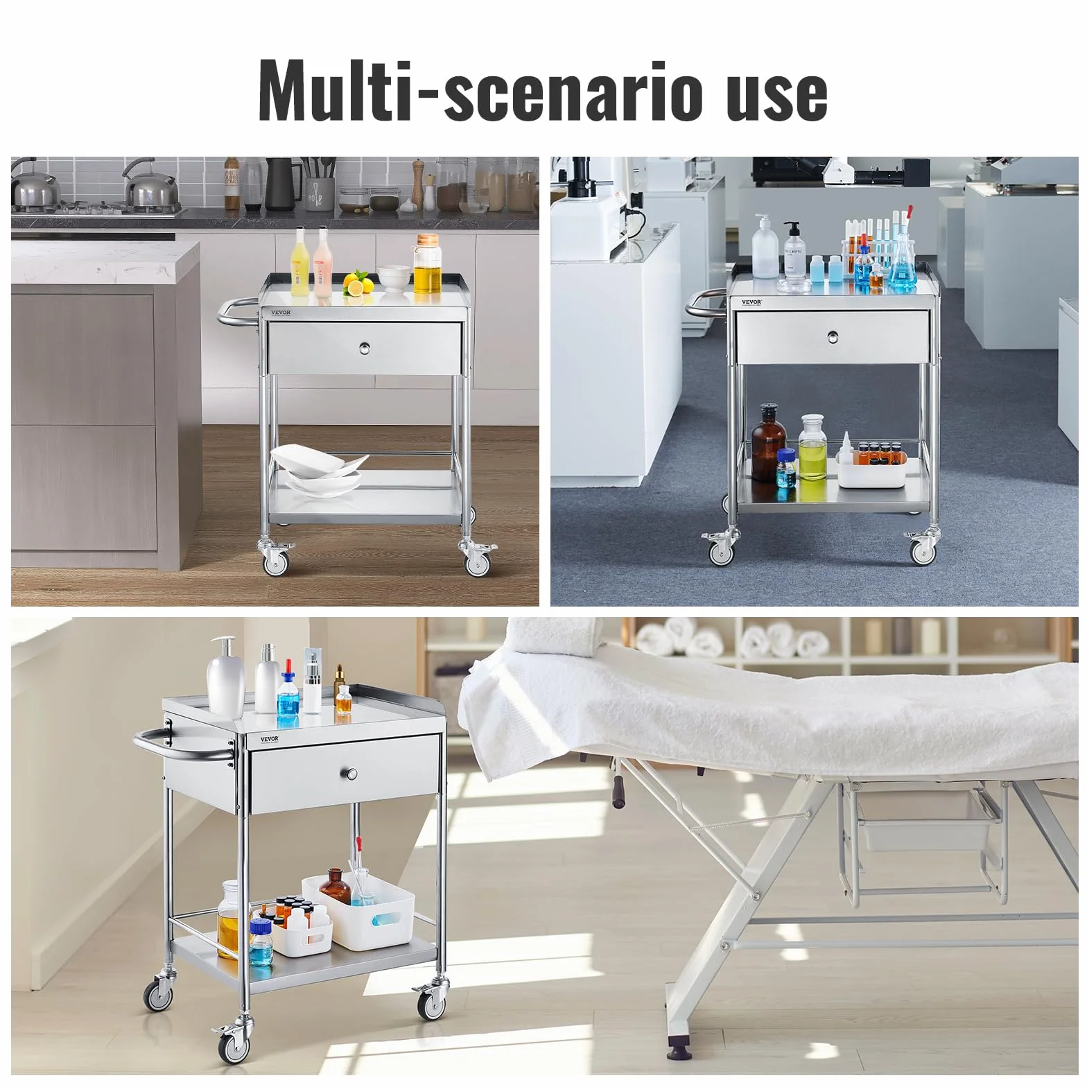VEVOR Carrello da Laboratorio in Acciaio Inox 2 Ripiani Capacità Carico Totale Massima 100kg, Carrello Sanitario in Acciaio Inox 201 710 x 421 x 785 mm, Carrello per Medicazione da Laboratorio 2 Piani