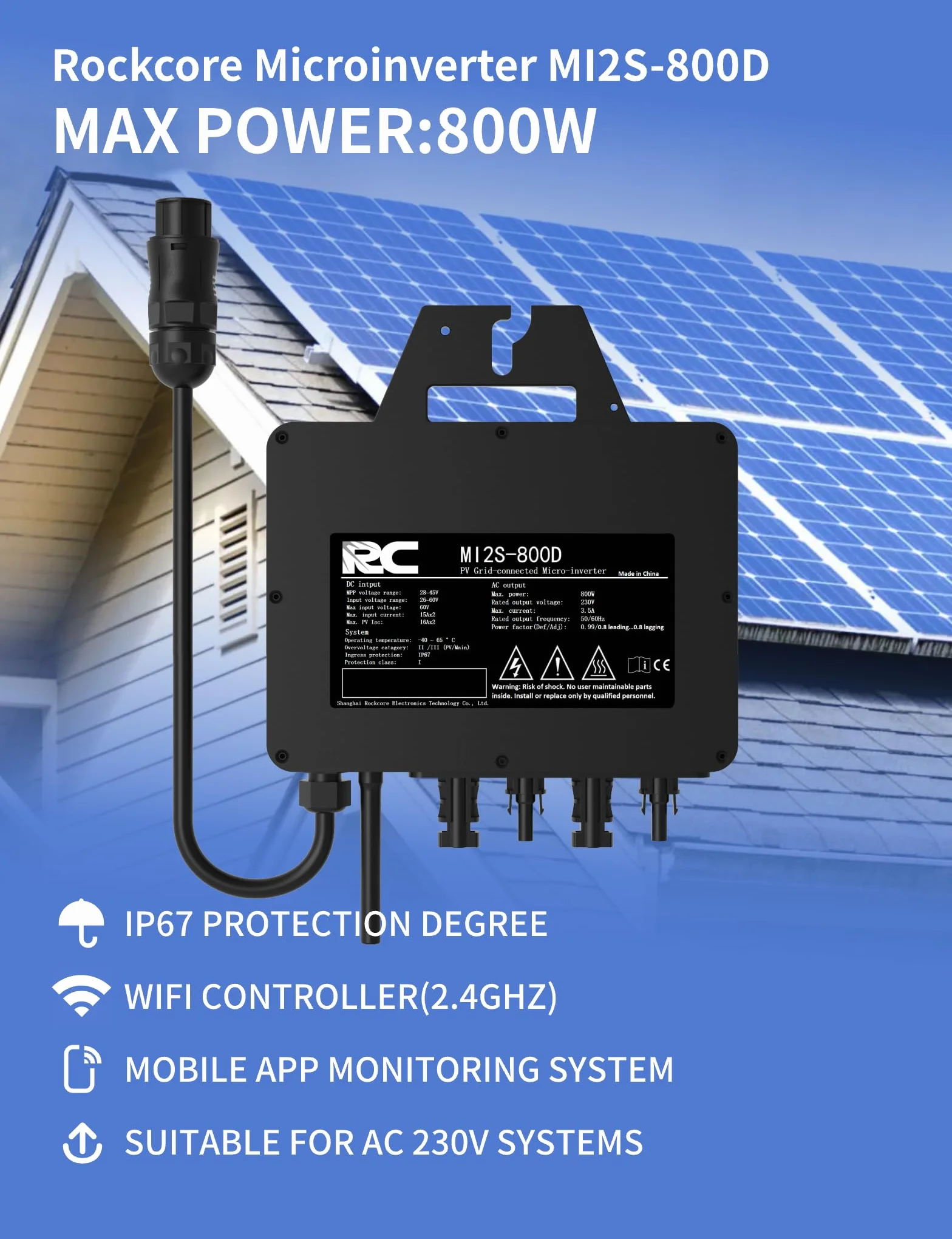 RC Invertere Micro 800W, Certificato CE, Gamma di Ingresso CC 26-60 V, Inverter Solare MPPT, Controllo dell’app tramite Wi-Fi, Adatto per Sistemi Solari su Balconi, IP67