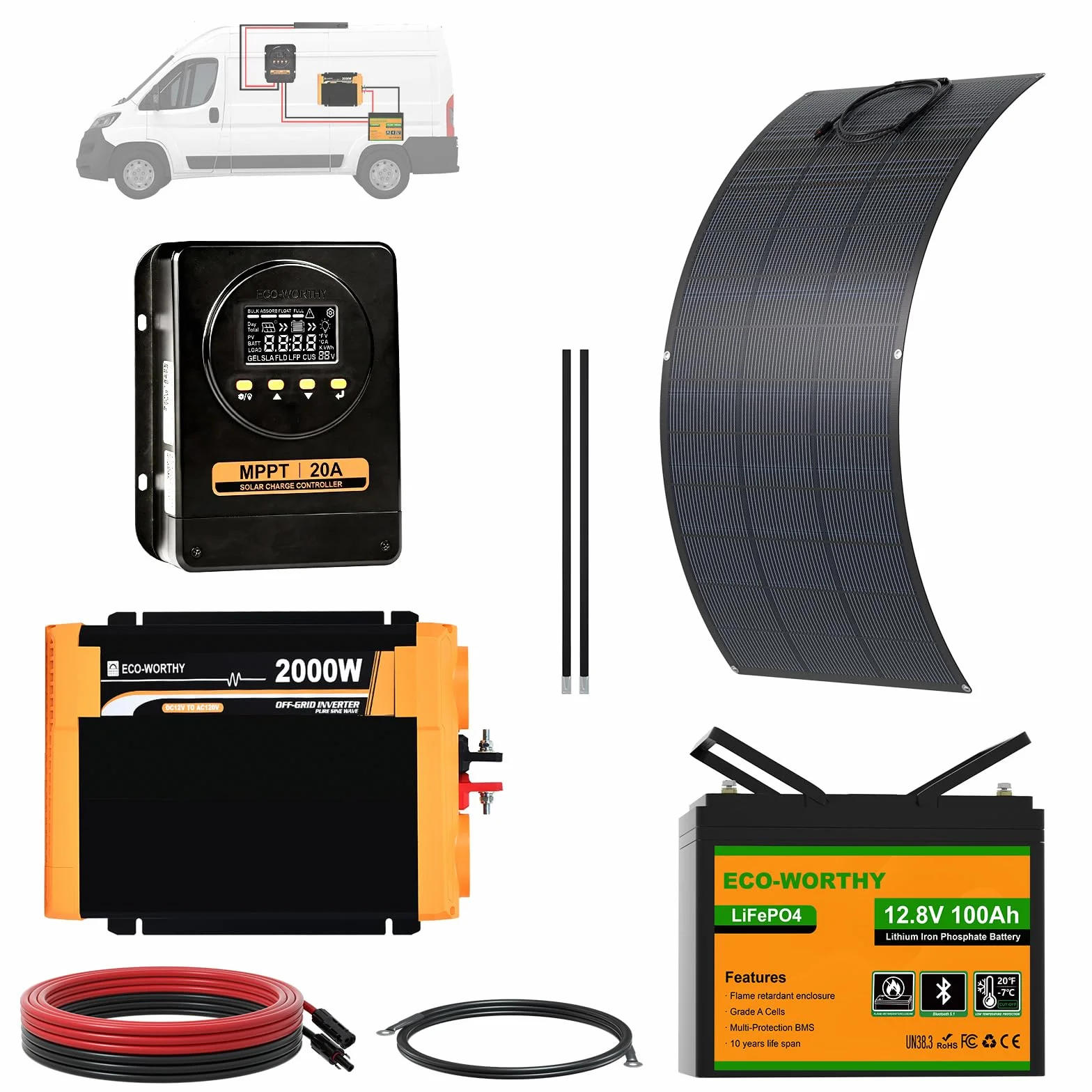 ECO-WORTHY Set di pannelli solari da campeggio 1280WH, pacchetto completo con batteria LiFePO4 da 100 Ah, pannello solare flessibile da 200 W, regolatore di carica MPPT da 20 A e inverter da 2000 W