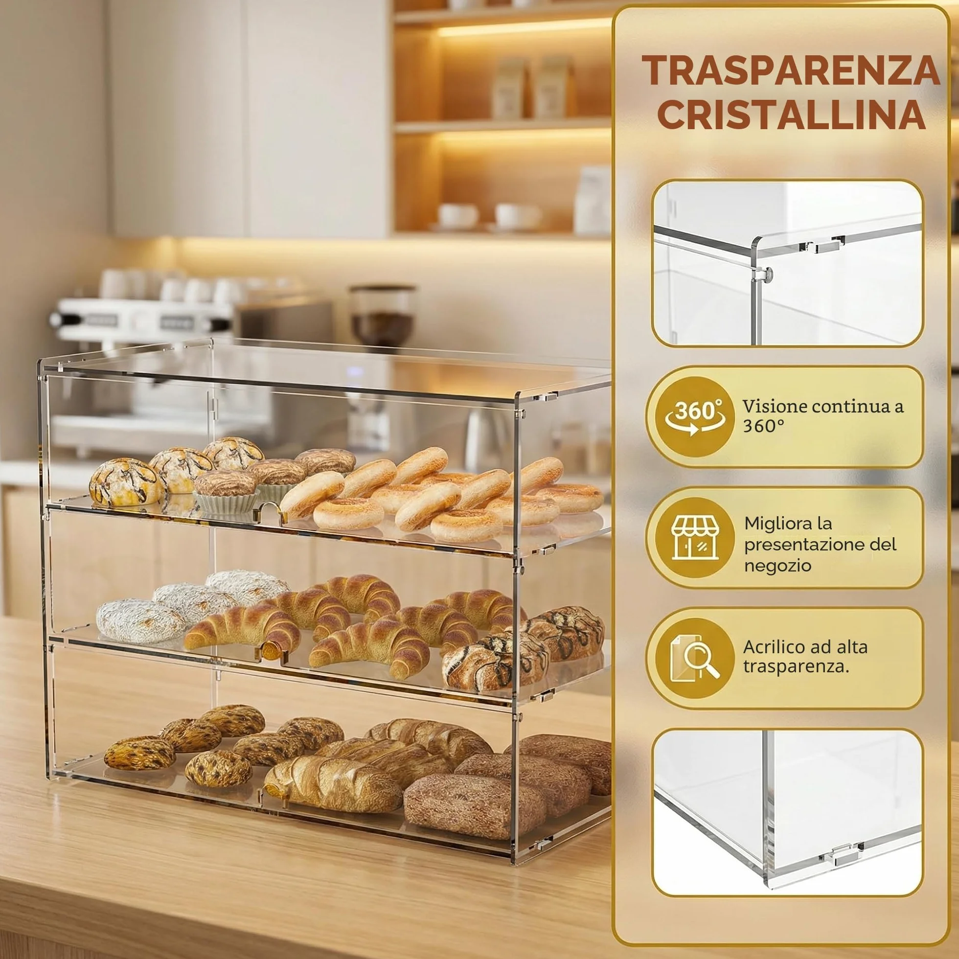 3 ripiani in acrilico trasparente per panetteria, vetrina da 5 mm, pannelli PETG ad alto impatto, 49.5 x 38 x 26 cm, porte anteriori con fori per le dita