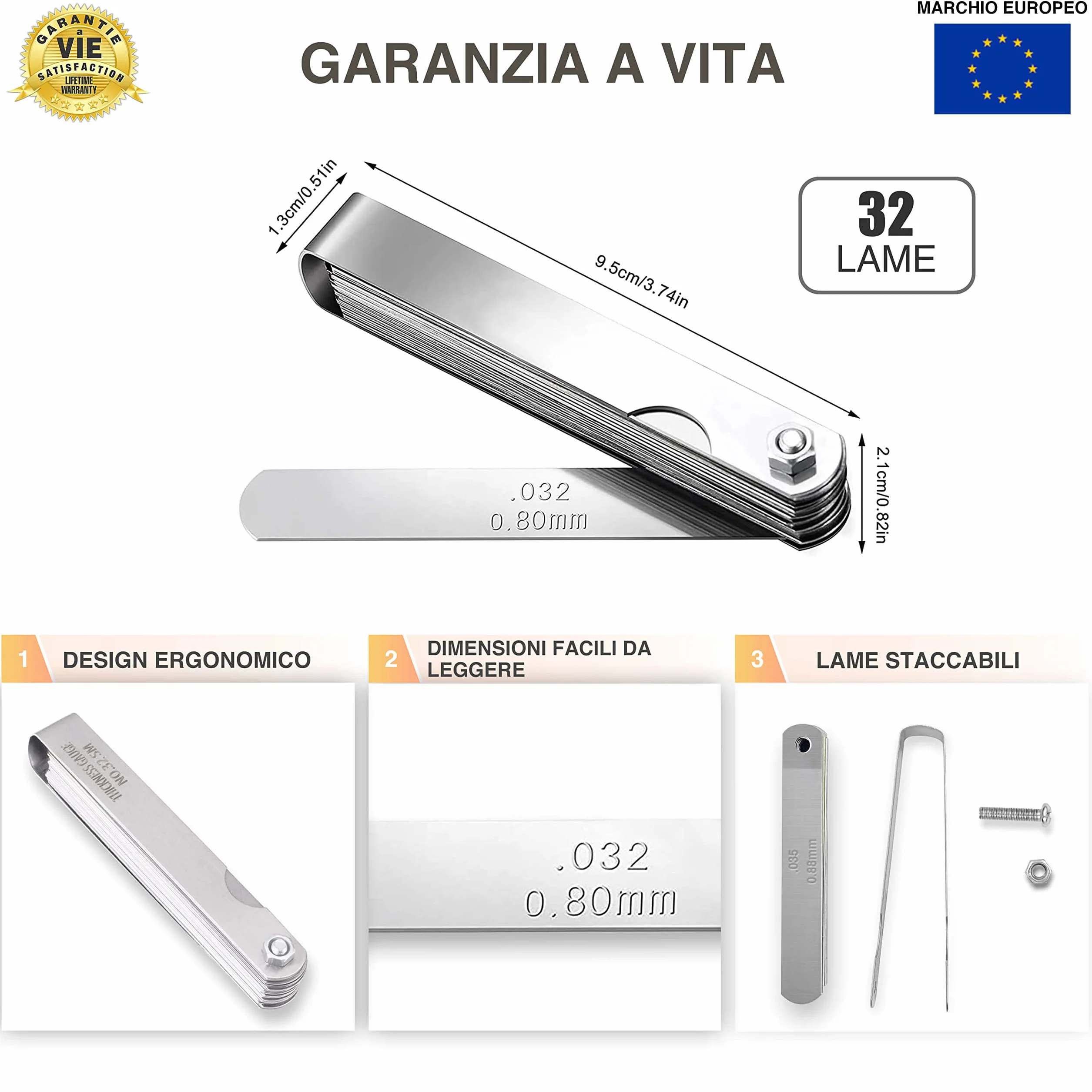 Spessimetro 32 Lame in Acciaio Inossidabile Misurazione 0,04-0,9 mm Pieghevole Doppia Misure Incise