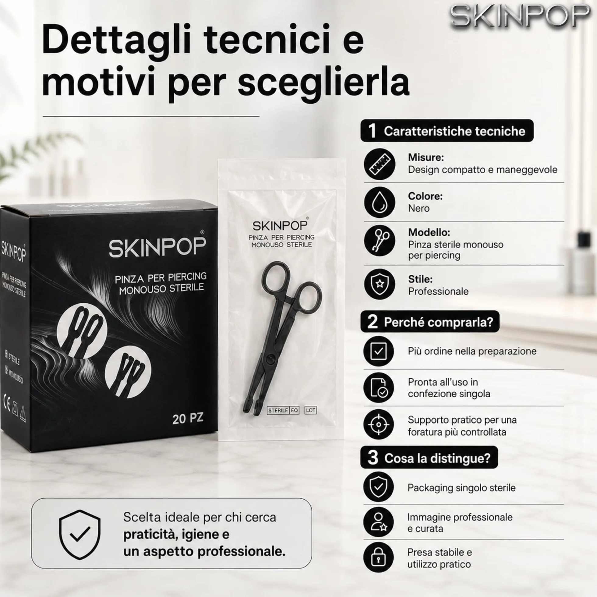 Pinza per Piercing Monouso con Forma Ovale - DELICATA e RASSICURANTE - Pinze in PVC Sterilizzata E.O. Gas - Confezione Singola - Presa STABILE per Prima Foratura e Body Piercing