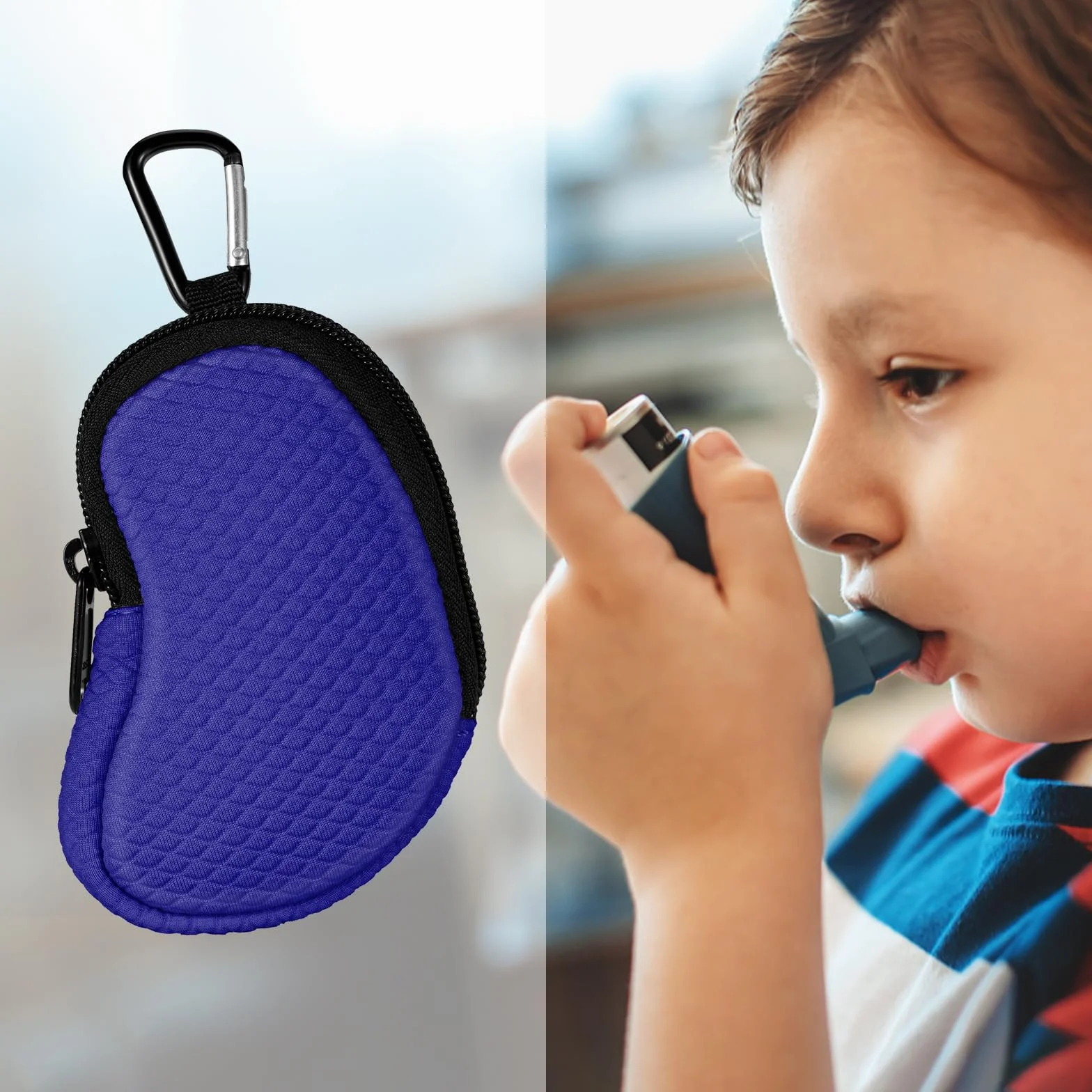 MEDMAX Custodia in neoprene per Inalatore, Leggera Protettiva Borsa da Viaggio con Moschettone, Blu Marino