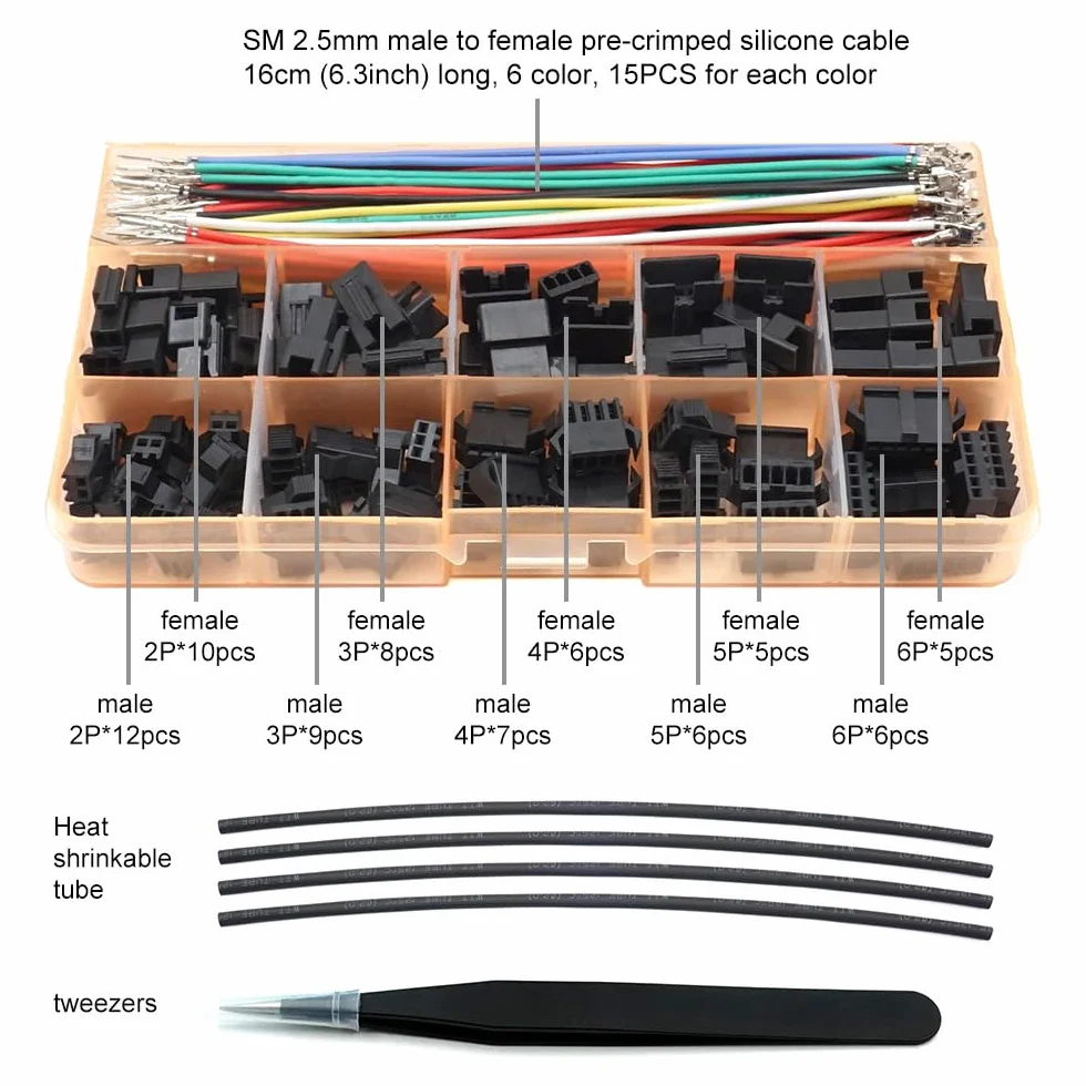 Connettori SM da 2,5 mm maschio femmina con cavi in silicone pre-crimpati da 22 AWG, compatibili con connettori JST SM da 2,5 mm, passo 2,54 mm, 2, 3, 4, 5, 6 pin, kit alloggiamento