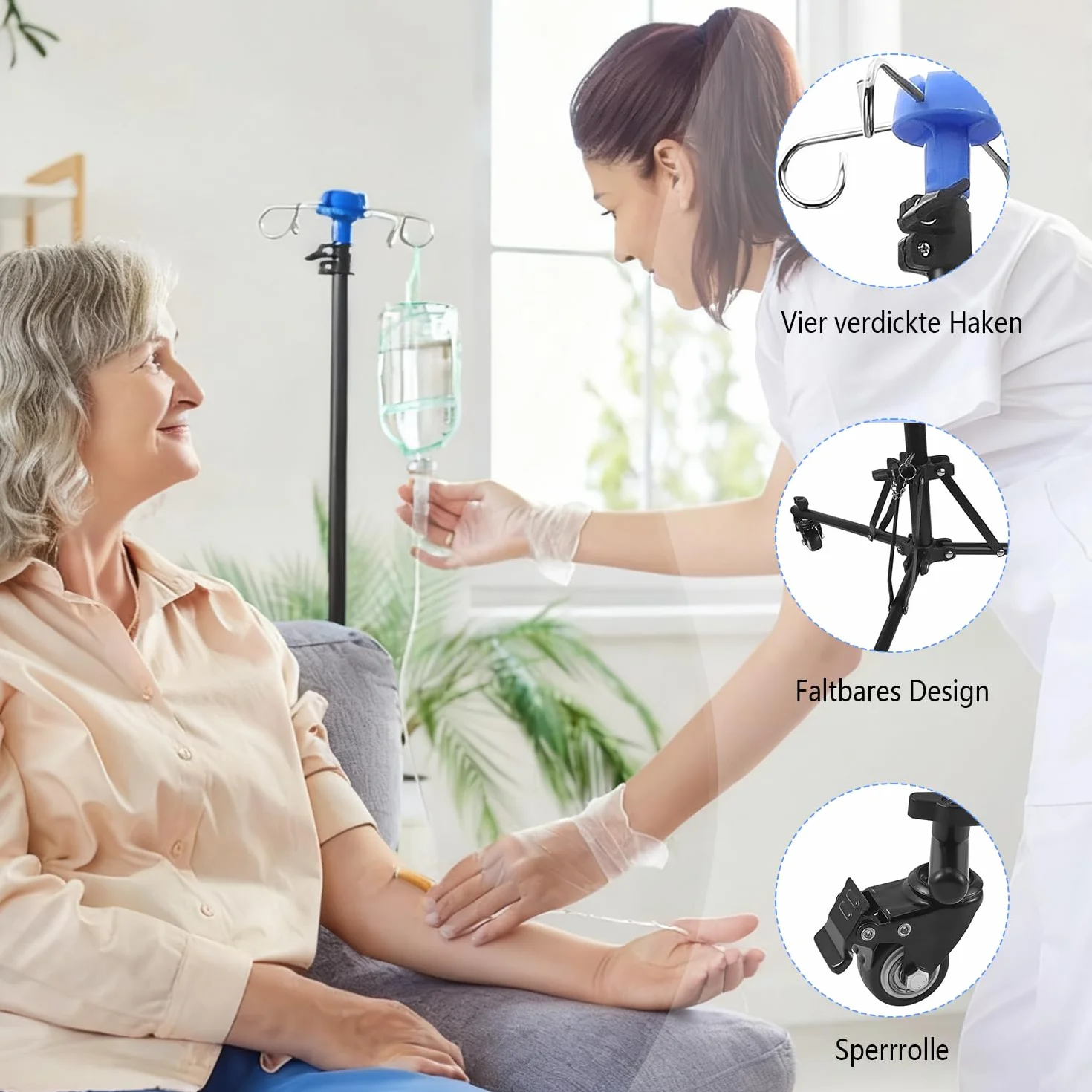 Supporto per infusione regolabile con ruote, altezza regolabile 90 – 190 cm, pieghevole con 4 ganci, 3 tasche in rete e 1 custodia, supporto portatile per IV per ospedale e cura della casa