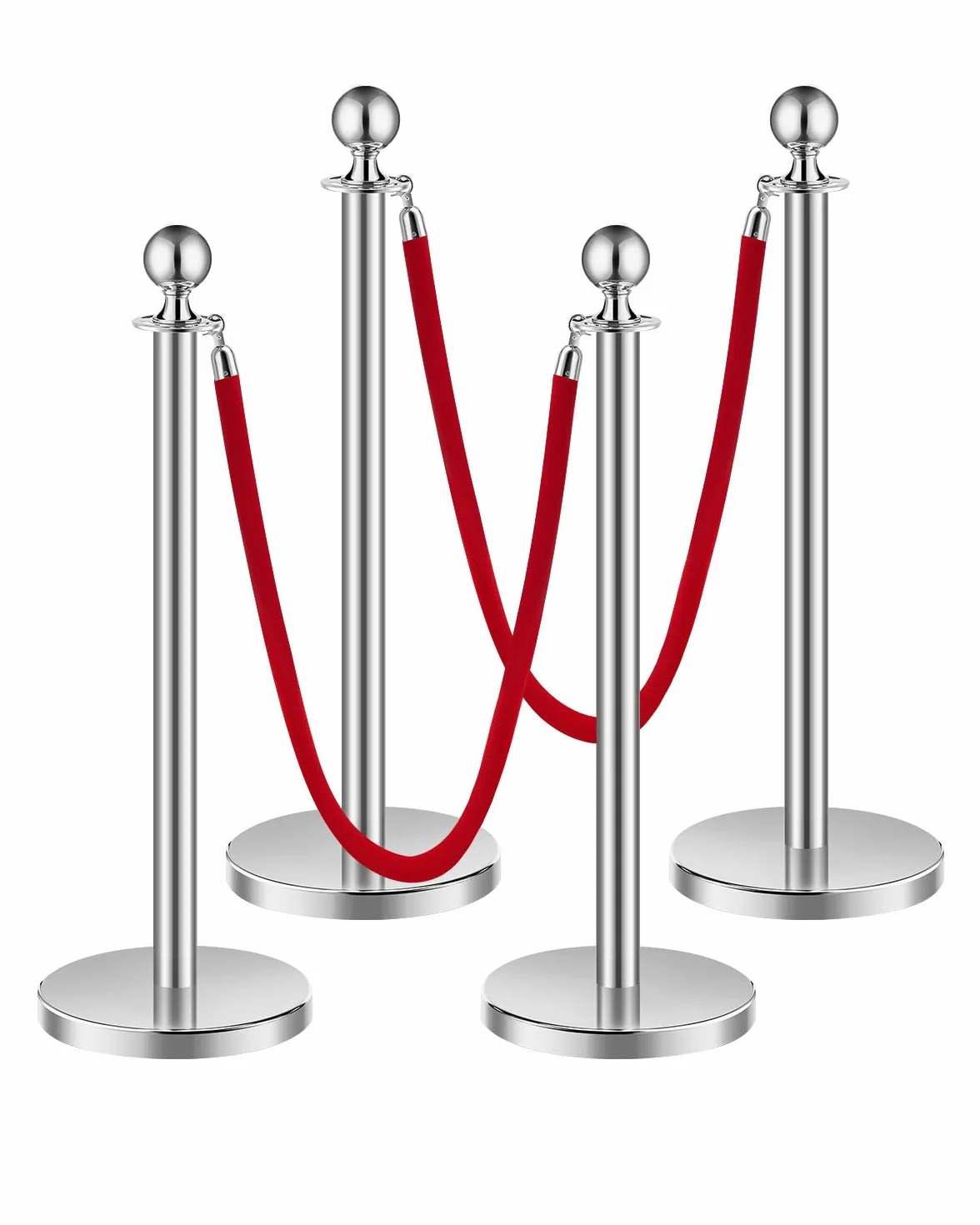 VEVOR Paletto di Sostegno Set di 4 Barriere Controllo Folla Corde Velluto Rosso Acciaio Inox 1,5 m Base Cava
