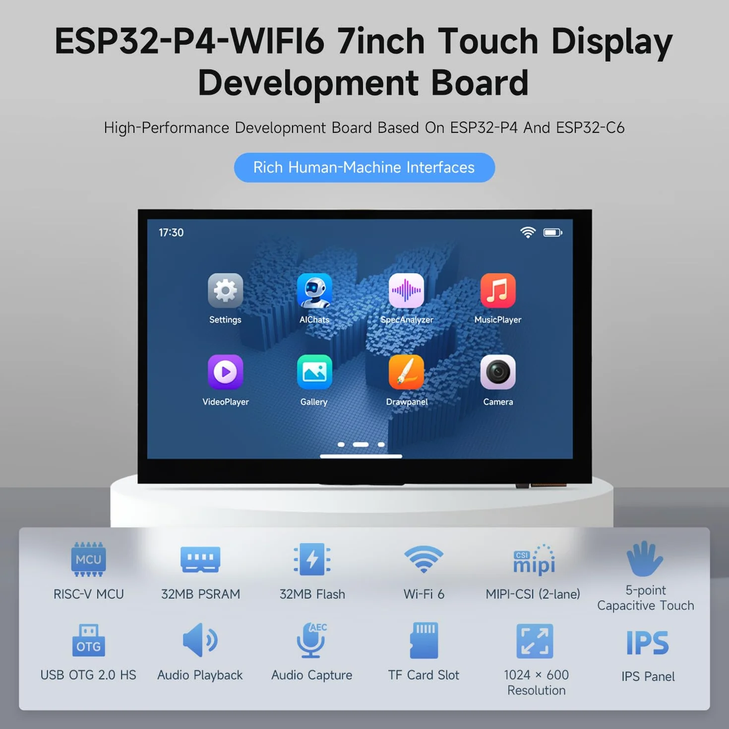 Waveshare ESP32-P4-WIFI6 7inch 5-Point Touch Display Development Board, Based On ESP32-P4 And ESP32-C6, 1024x600 Resolution, Supports Wi-Fi 6 / BT 5 (LE), without OV5647 Camera