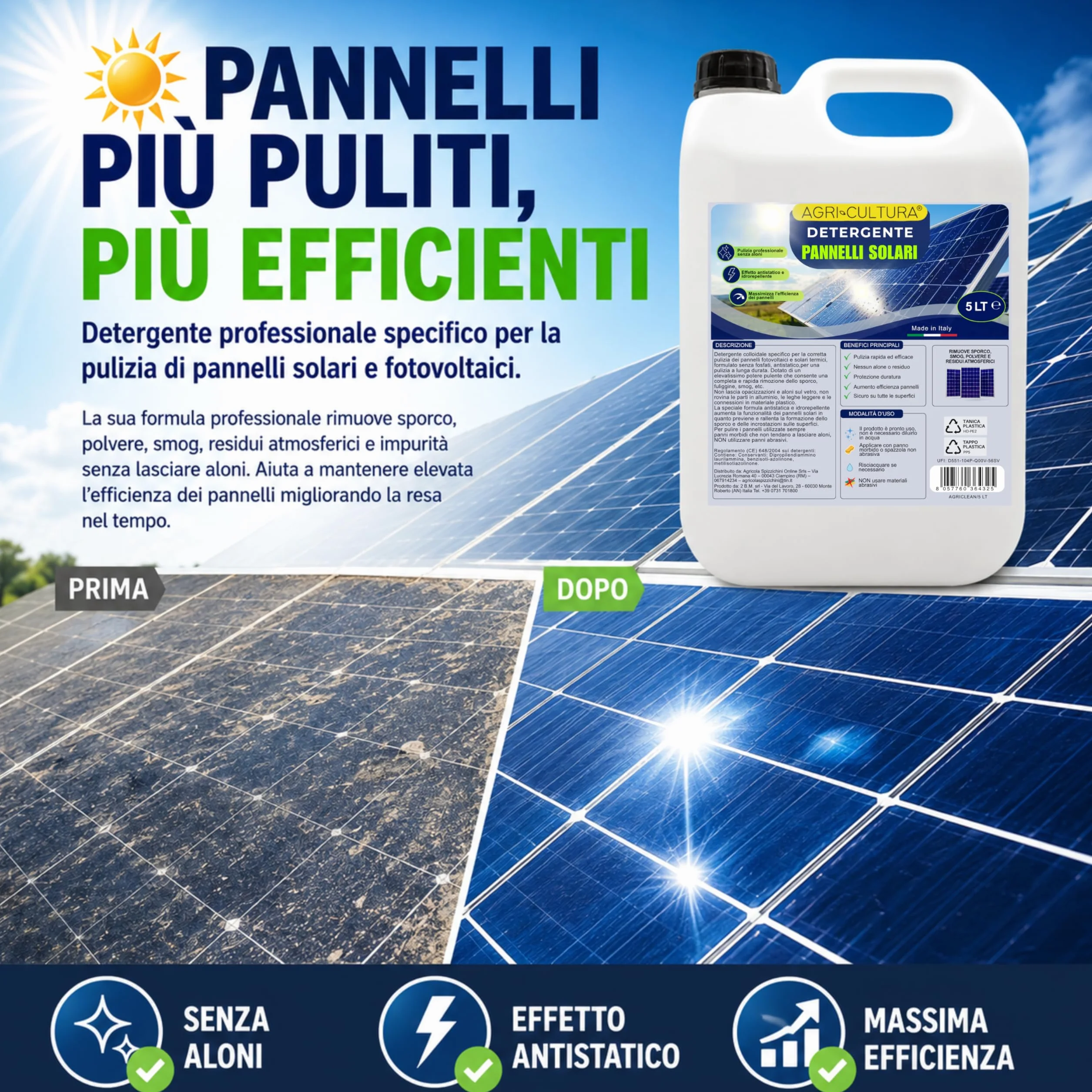 Detergente Pannelli Fotovoltaici 5L Antistatico Senza Aloni
