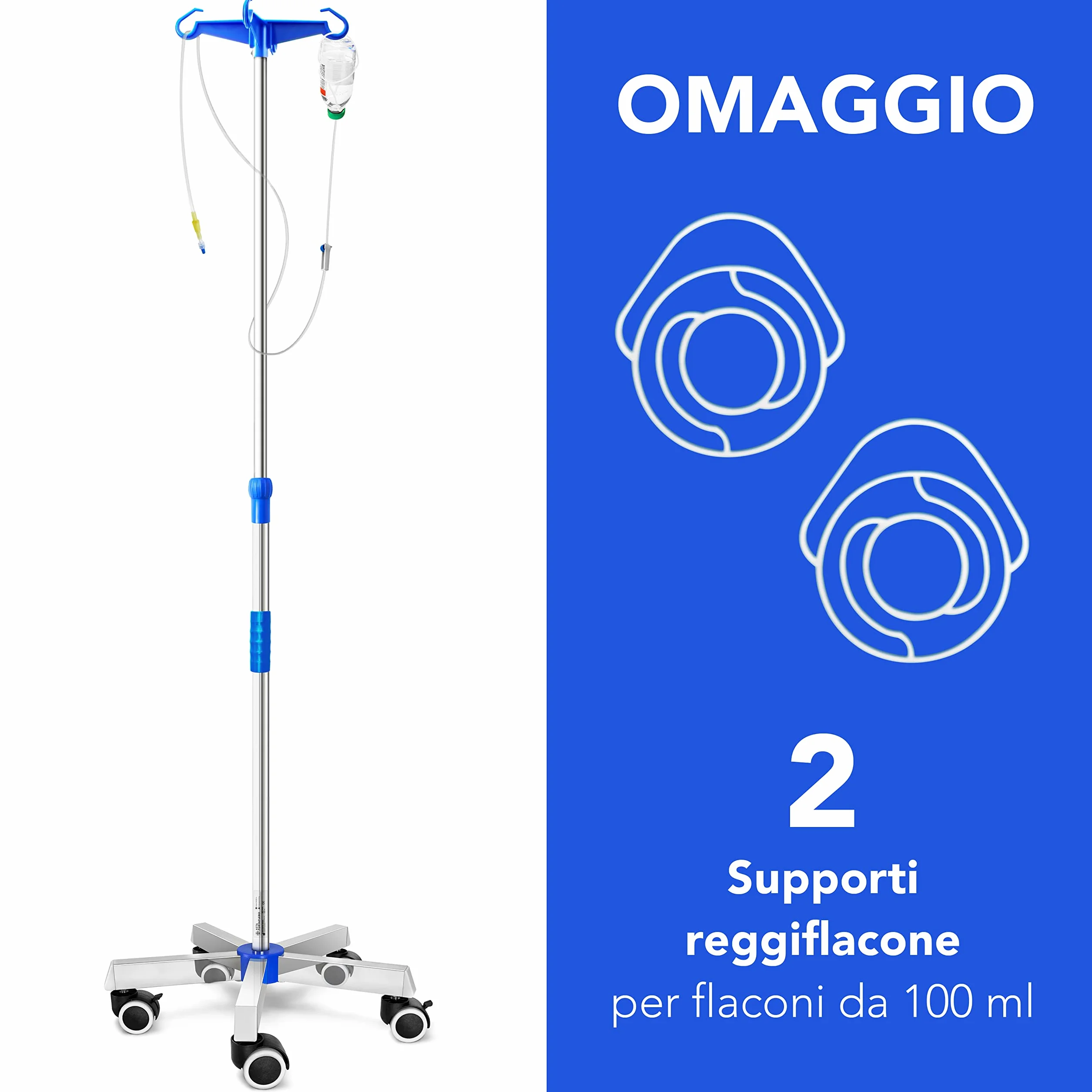 AIESI® Asta per flebo in ACCIAIO INOX con 4 ganci in plastica e ruote piroettanti con freno, Incluso 2 supporti reggiflacone da 100 ml, Garanzia Italia 24 mesi