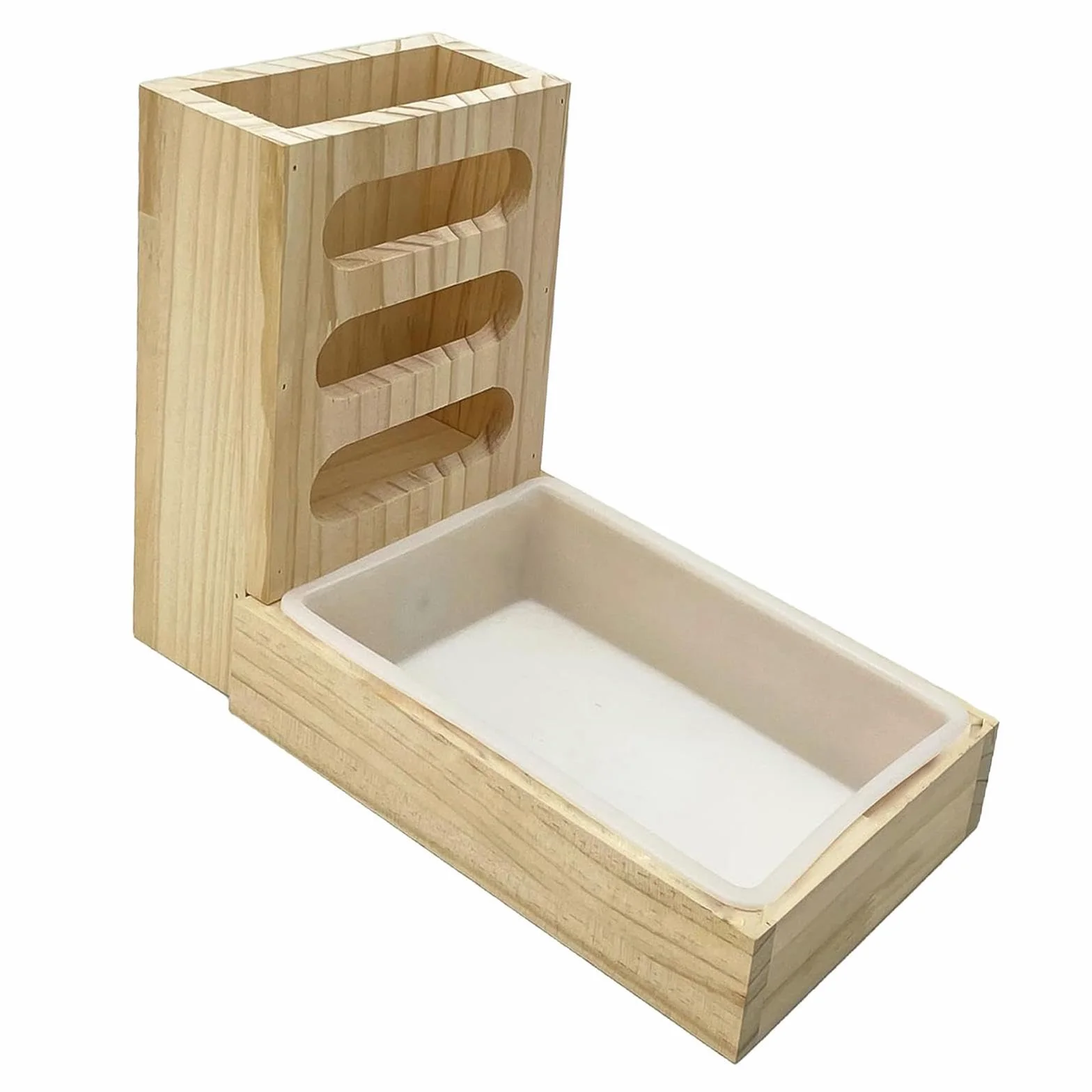 Mangiatoia per fieno in legno per conigli con lettiera. La costruzione di qualità mantiene l'habitat pulito in modo efficiente con la massima capacità di stoccaggio.