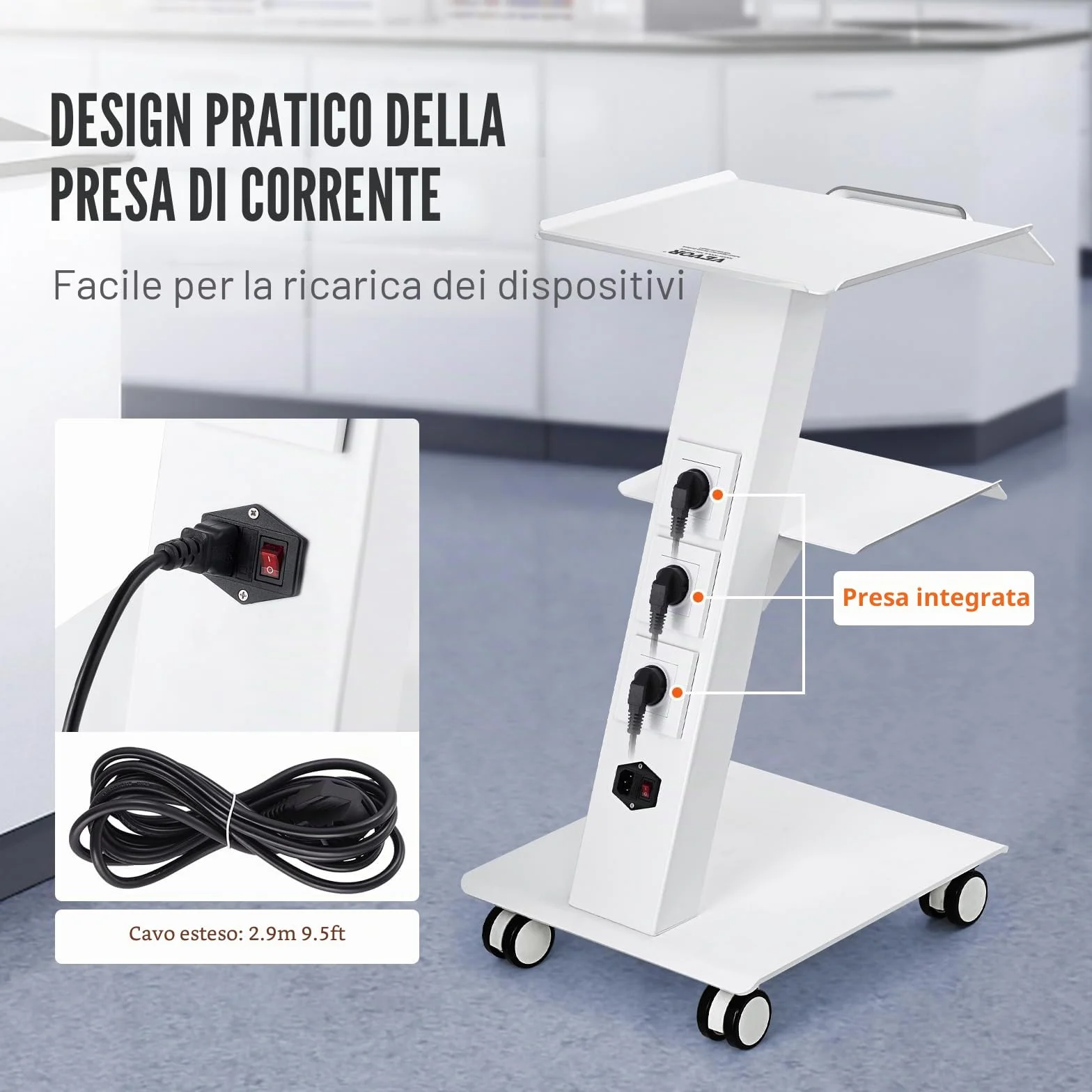 VEVOR Carrello da laboratorio 3 strati con presa integrata ruote girevoli portata 100 kg
