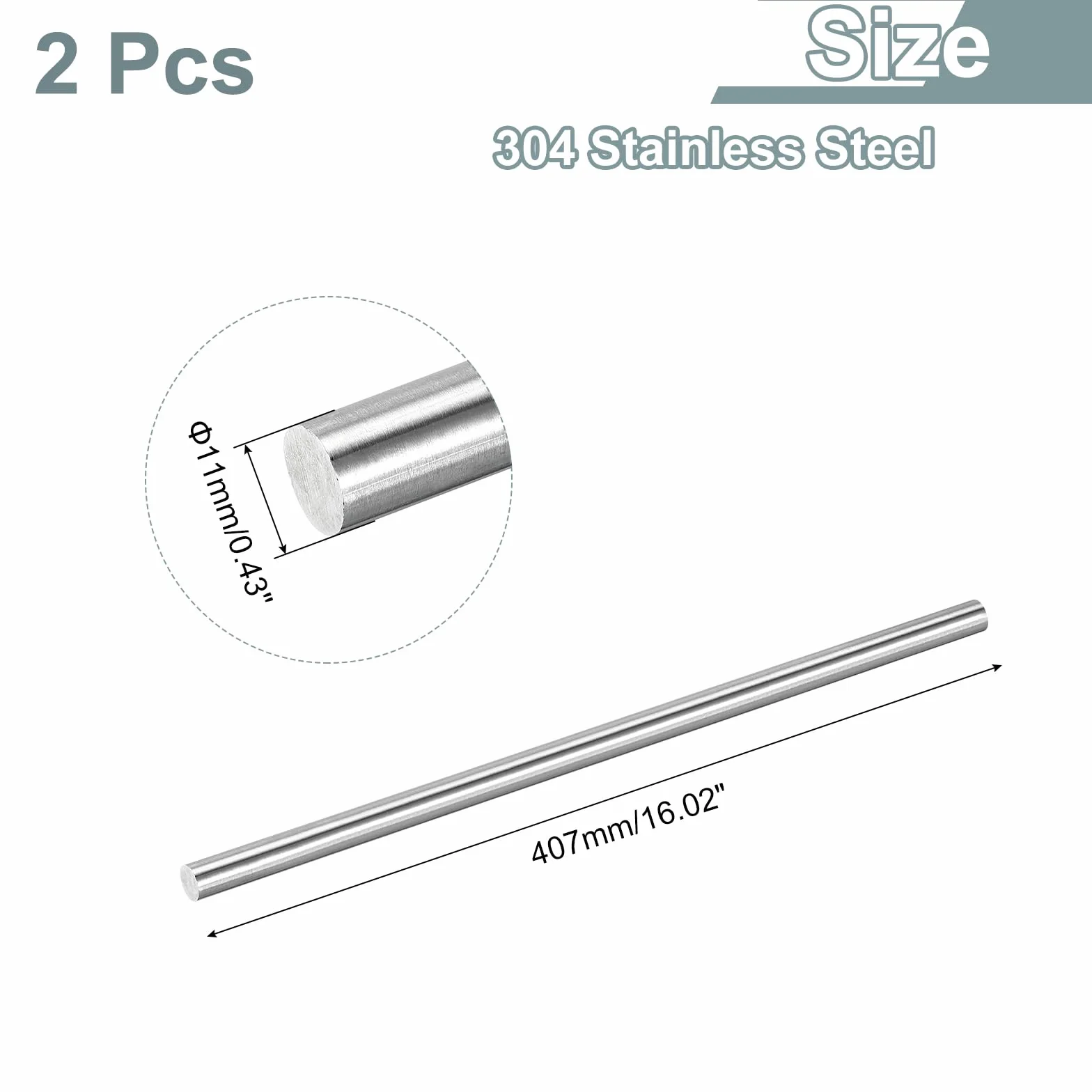 sourcing map 2 szt. pręt okrągły ze stali nierdzewnej 304, 11 mm x 407 mm, do modeli