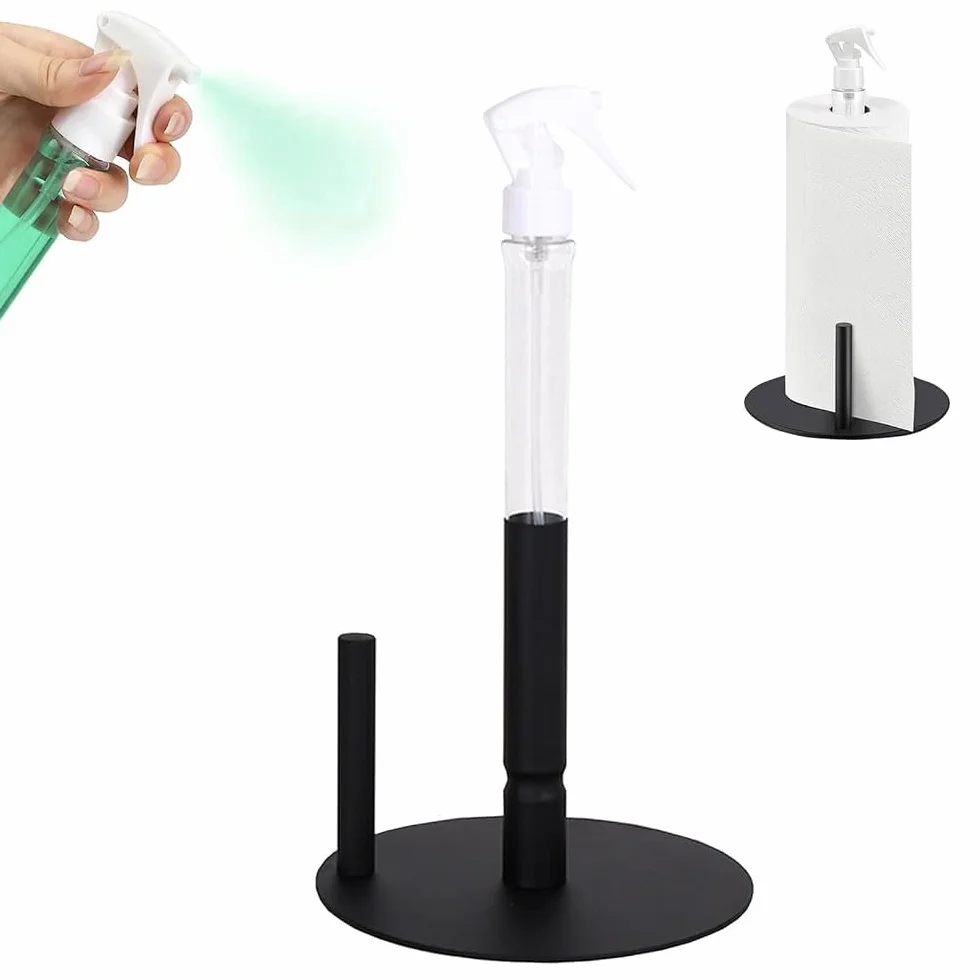Portarotolo da Cucina con Flacone Spray, Portatovaglioli da Tavola Autoportante, Porta Rotoli da Cucina Nero Opaco, Antiscivolo, Porta Rotolo di Carta Multifunzione per Cucina, Bagno