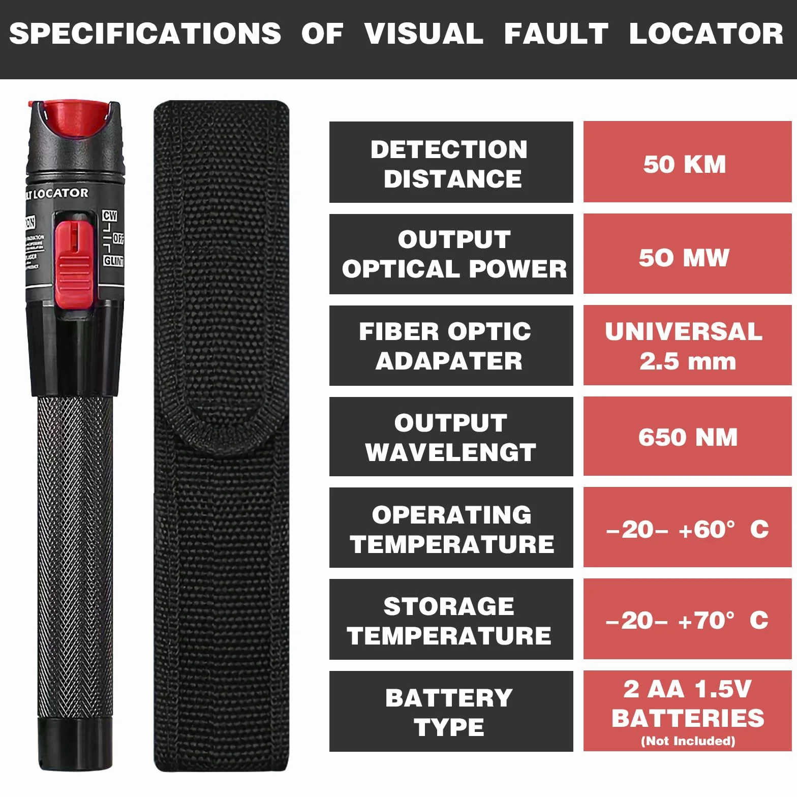 Localizzatore di guasti visivi da 50 mw con connettore FC/APC maschio a LC/APC, kit test VFL 50 km, tester in fibra ottica con adattatore FC a LC-SM9/125, Supporta connettori SC/FC/ST/LC