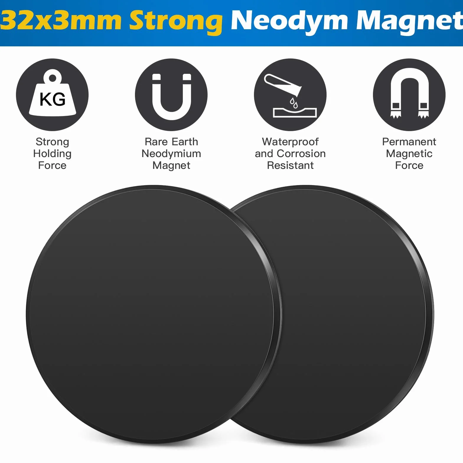 Wukong 32×3mm Calamite Neodimio, 2 Pezzi Calamita Potente Magneti Adesivi, Magnete Nero Magnete Potente per Pannelli Magnetici, Pannelli e Piastrelle di Legno