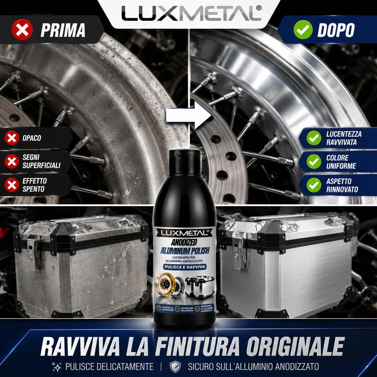 Anodized Aluminum Polish 250 gr, Lucidante per Alluminio Anodizzato, Pulisce e Ravviva Cerchi BMW GS Auto Moto Ruote Valigie e Bauli in Alluminio Azione Delicata