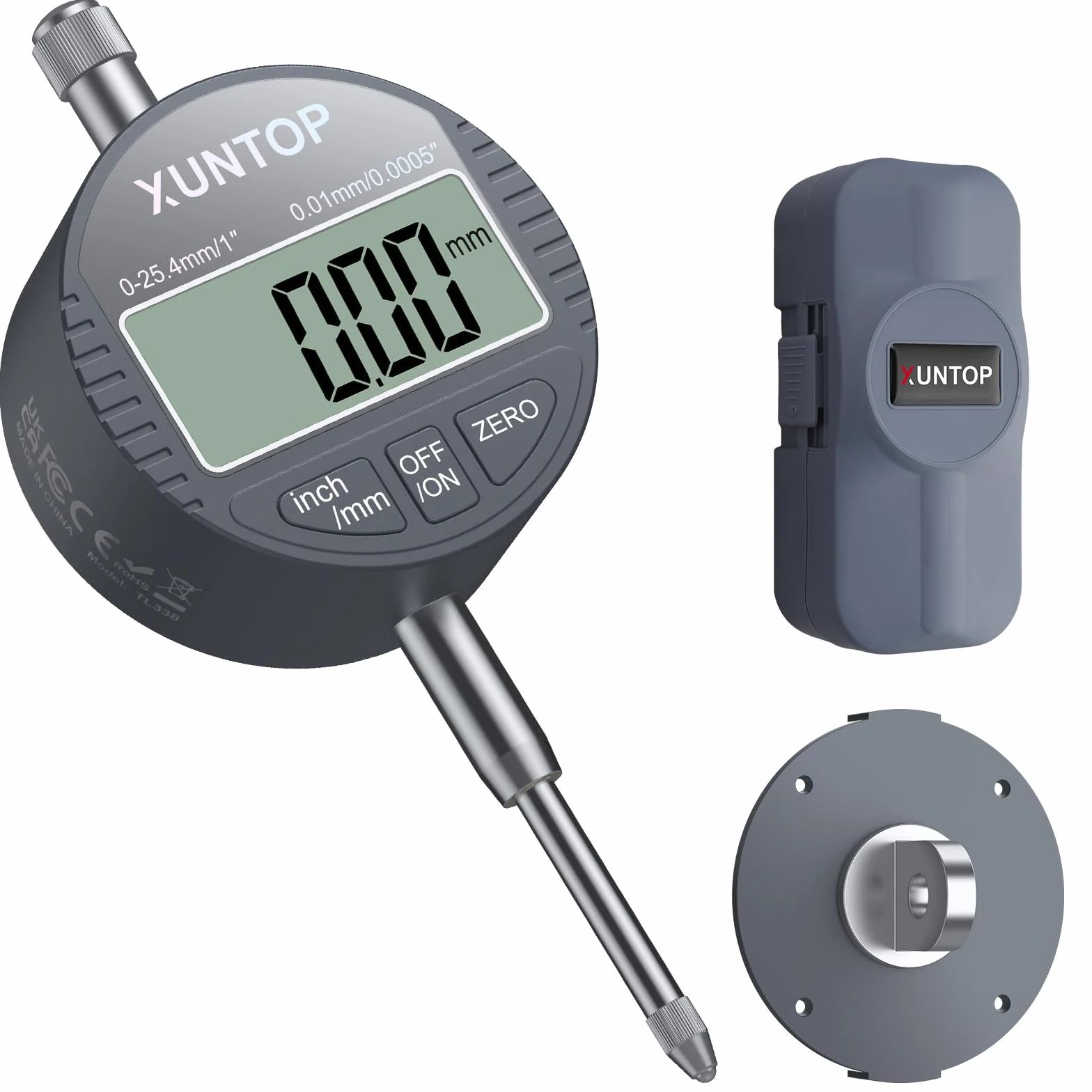 XUNTOP Comparatore Centesimale Digitale 0-25.4mm/1" Supporta Commutazione mm/pollice Indicatore Digitale DTI con Sonda Digitale 25.4mm Misuratore Digital Precisione 0.01mm per Stampanti 3D, Tornio