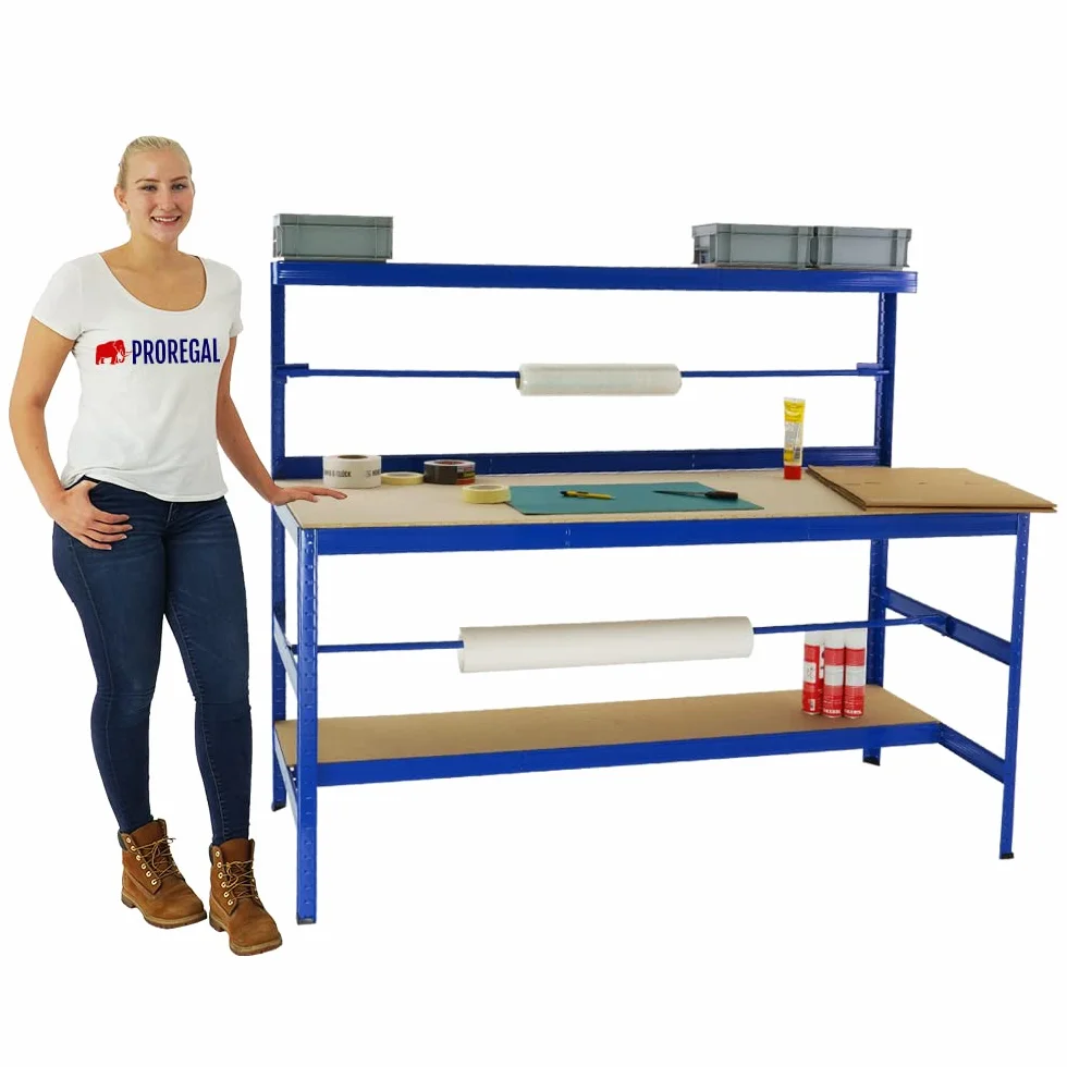 PROREGAL Tavolo da imballaggio Tiger | Portata 300 kg | AxLxP 150x180x75 cm | Blu